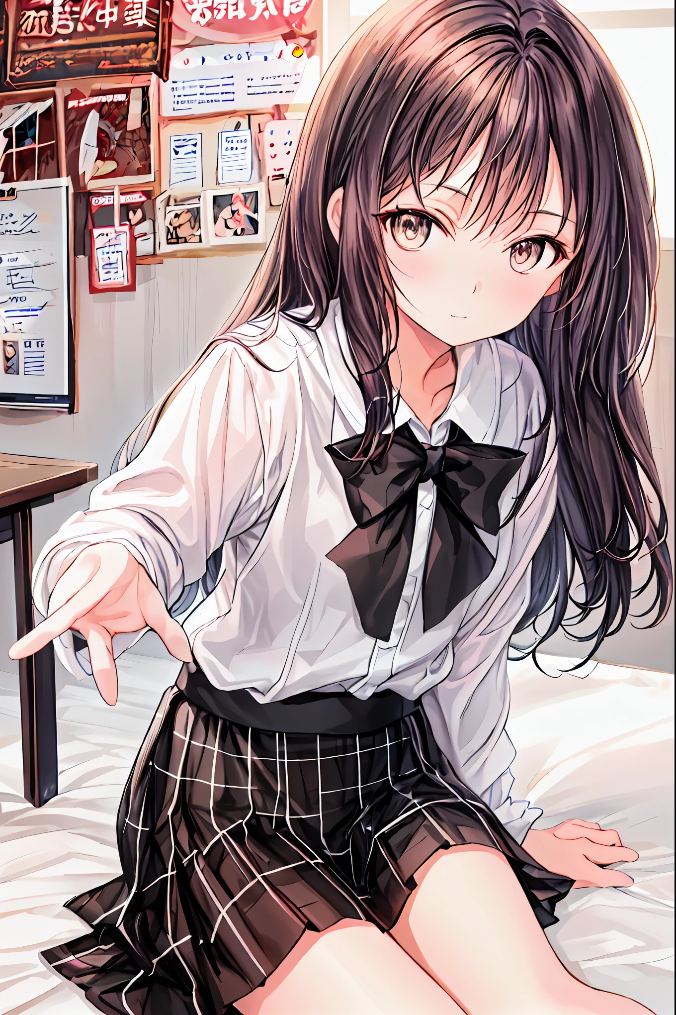 ( s)，Best Quality， beautiful face in every detail ，cute，  dark brown eyes，(背の低いcute女の子，Young student，Young and delicate girl）,（masterpiece，Best Quality)， Black Hair ， sleepy look after intercourse， short-sleeved white shirt，Checkered white skirt，Pathetic，Pathetic，Pathetic