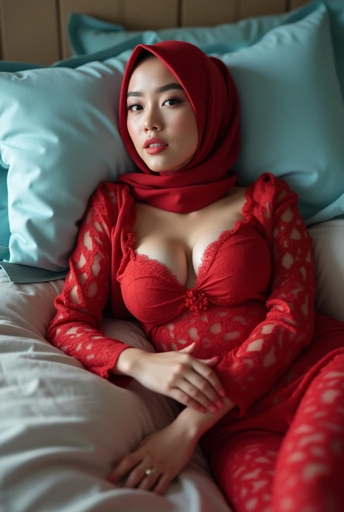 masterpiece, ,(solo:1.1), perfect face, (bright lighting:1.2),beautiful detailed eyes, extremely detailed face, perfect lighting,masterpiece, best quality, 1girl, malay women wearing hijab, thick thighs, open arms, armpit, sexy pose, short dress, sitting on the bed