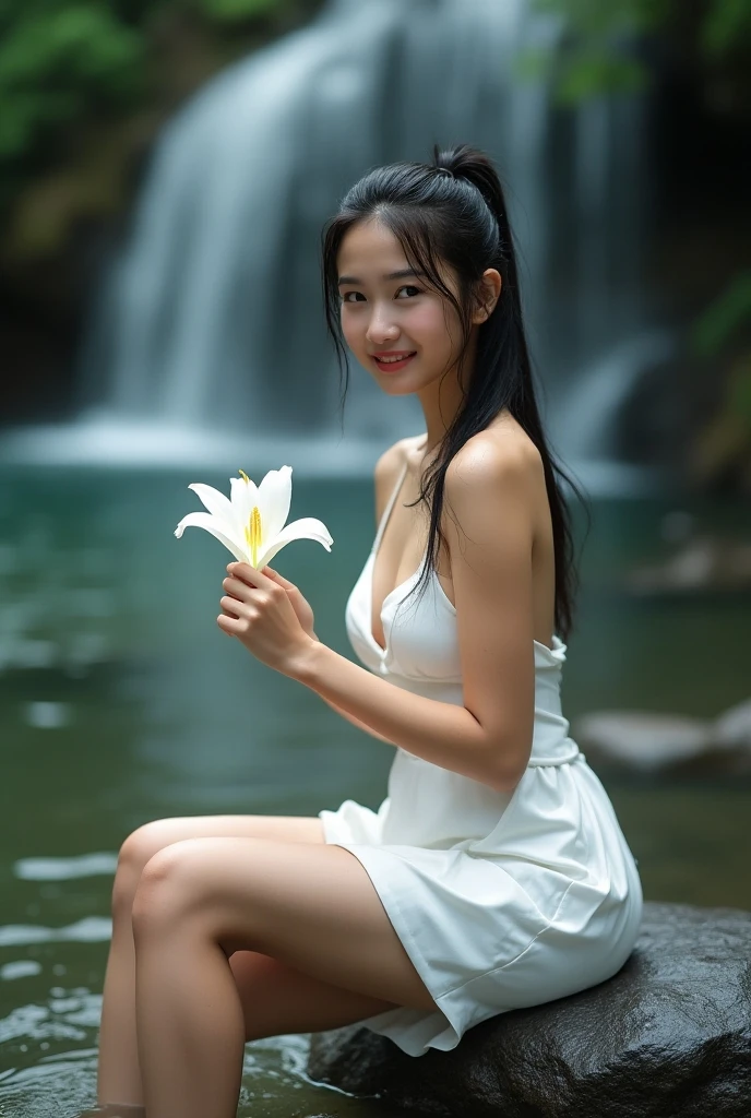 1girl, see-through blouse, short sleeve, (tyndall effect:1.2), detailed face, looking at viewer, gentle smile, side lighting, (masterpiece:1.4), best quality, high resolution, cinematic lighting, (white flower:1.4) inside kintsugi lacquer vase, on water, (water reflection:1.2), super details, sharp focus, natural lighting, depth of field, vibrant, water ripples, (10yo, cute), (breasts:1.2),