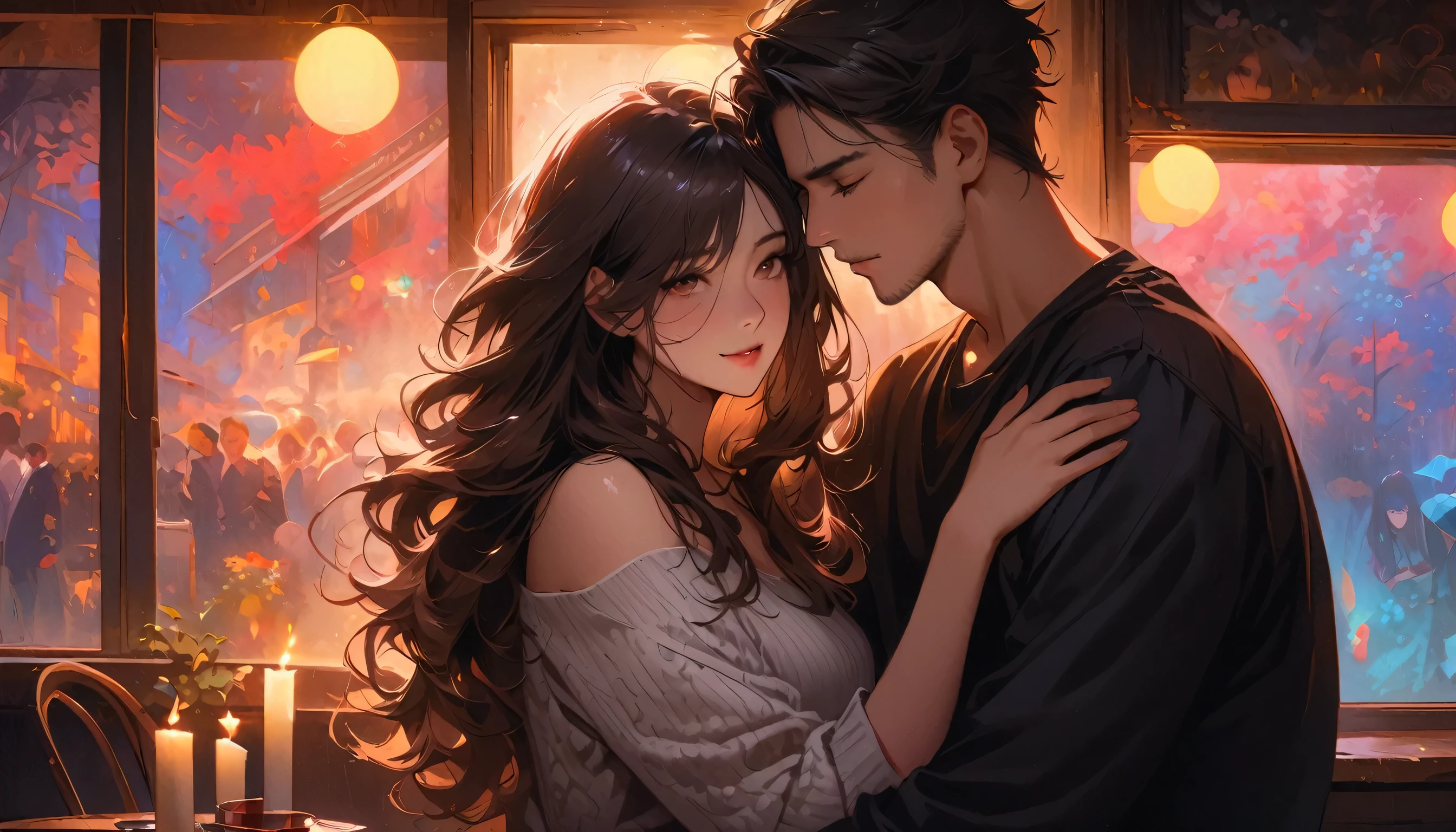  detailed texture , High quality,  high res, high precision, realism,  color correction , Dark night dim lighting setting ,  harmonious composition . Black and white, Pencil drawing, Beautiful and attractive male and female couple ,별천치,Swaying candles ,The male and female couple stand by the window of a cafe and the man hugs her from behind. The man is a handsome male projection figure ,The woman has a happy face .,   This is a cappuccino  ., Smiling faces .,  shiny and soft matted hair , Semi-assembled ,pretty face,  bewitching and dirty expression , Wearing loose knit dresses , ideal proportions,  dim lighting effect ,  shiny, soft, matted hair ,  Delicate and Dynamic Texture , Contrast, 2.5D,  art photo ,  surreal ,  CG graphic digital art ,  ultra high definition, The absolute solution,  best quality --ar 3 :