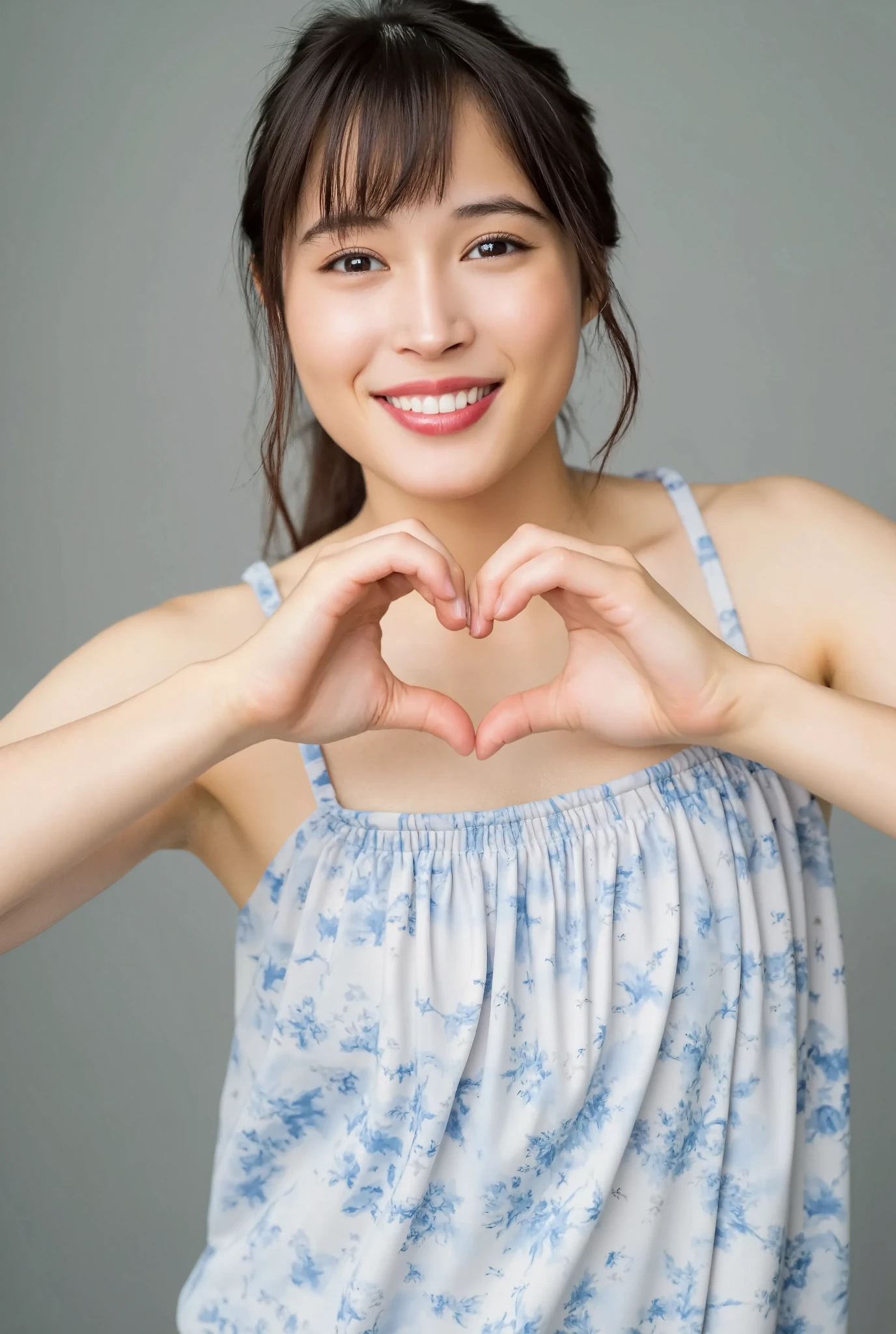 Only one woman with a cute smile is in a pose wearing off-shoulder pajamas, making a firm big heart shape with both hands, and holding them in front of her chest, View above collarbone、The background is a monotone 

