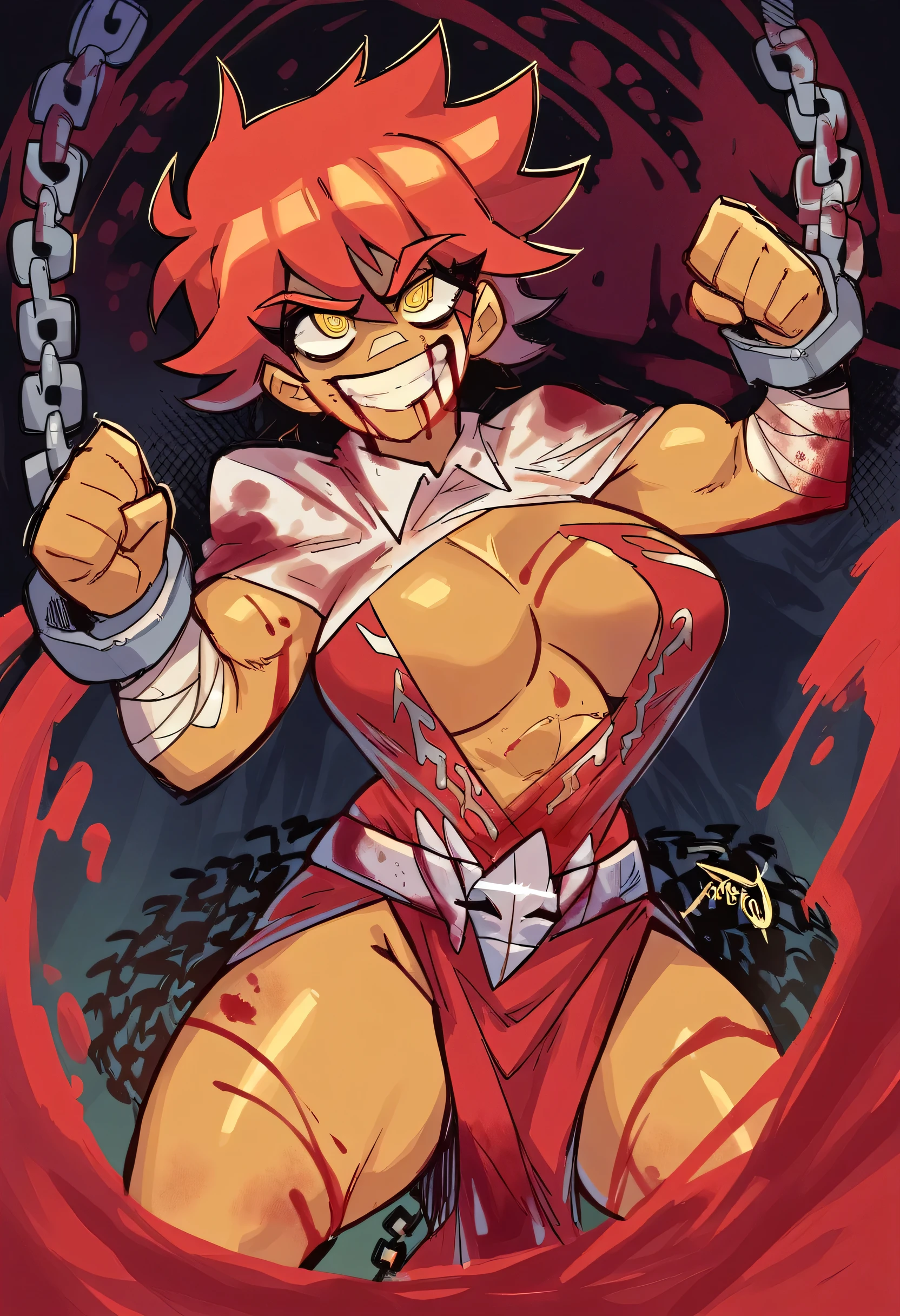 A very sexy warrior woman, chained, beautyfull female, yellow eyes, chains, low clothes, red hair, slave warrior clothes, big breasts, dark-skinned female, muscle body, blood, covered of blood, excessive blood, blood on face, blood on body, crazy smile, psycopath smile, fighting, masterpiece, hight Quality, good colors