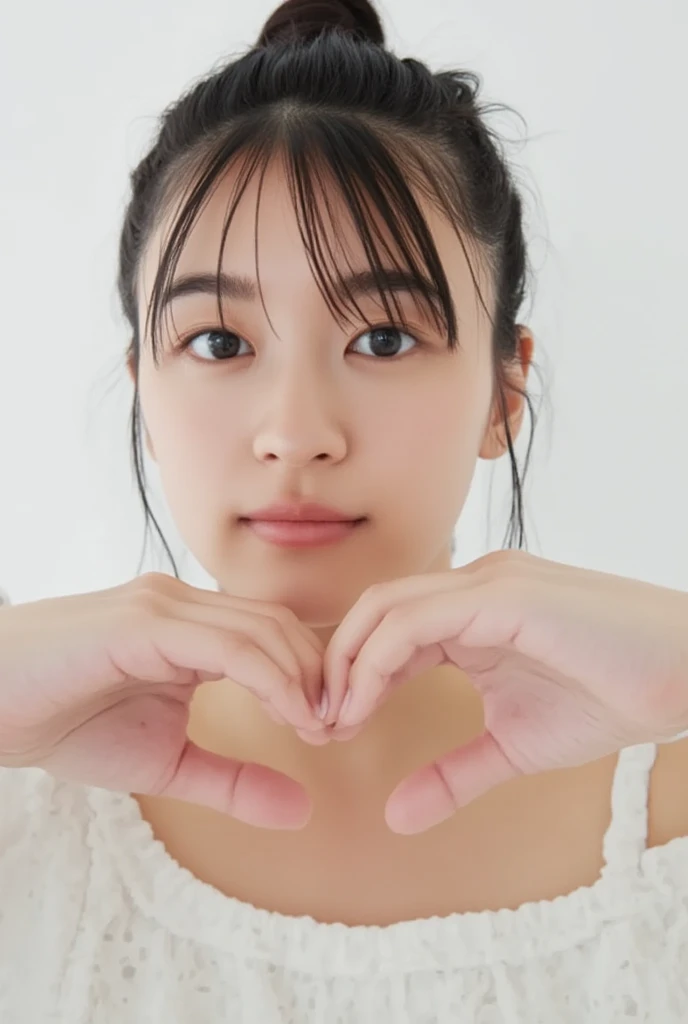 Only one woman with a cute smile is in a pose wearing off-shoulder pajamas, making a firm big heart shape with both hands, and holding them in front of her chest, View above collarbone、The background is a monotone 

