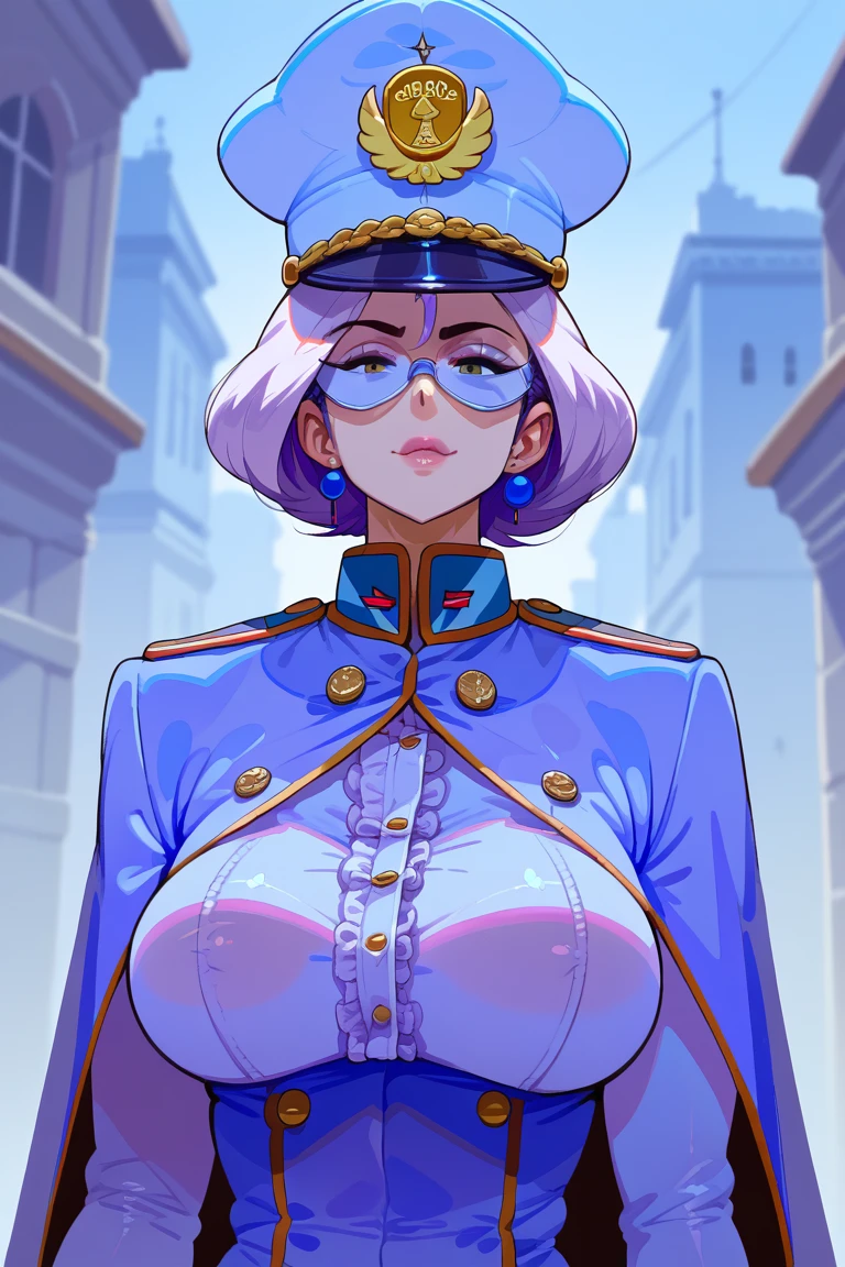 Score_9, score_8_up, score_7_up, score_6_up, source_anime,crystalcheese style, detailed，masterpiece,,1girl,Madame President, knights of the round uniform, cape, large breasts, uniform, military uniform, military, breasts score_5_up,massive tits
