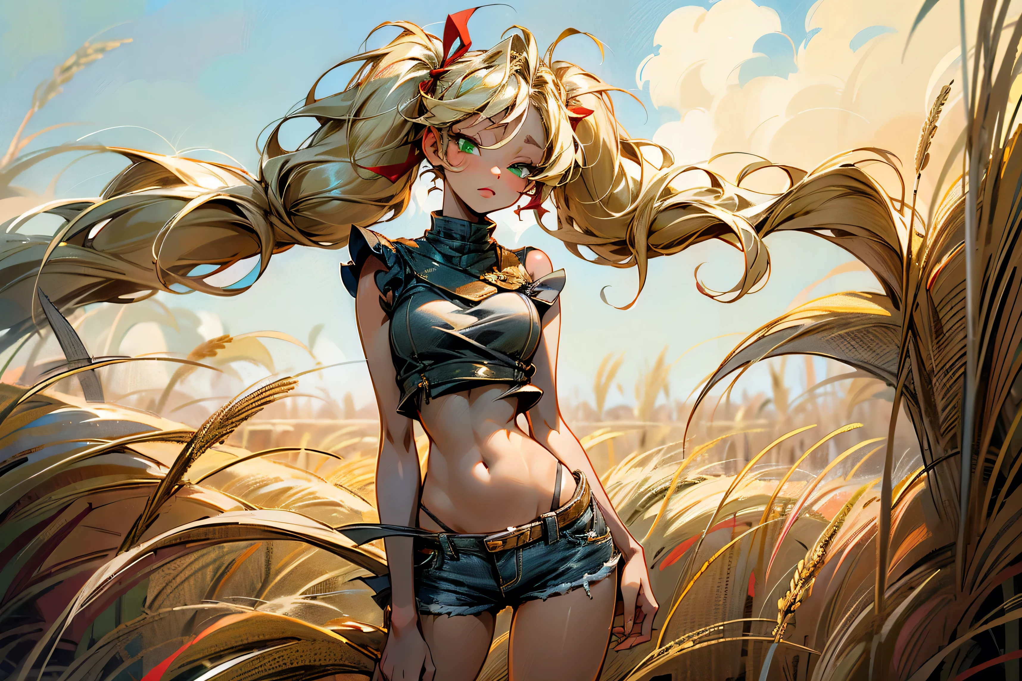 1girl, solo, (masterpiece, best quality, High Detail, 8K), blonde, long wavy hair, twintails with red ribbons in hair, dark tanned skin, extremely sexy, bikini tan, large breasts, Head to hips shot, Full body shot, cowboy shot, skinny, large green eyes, ((thin waist, small hips, long torso)), ((Dean Yeagle Style - Mandy)), wearing cutoff bluejean short-shorts, country girl, standing in a wheat field, farm background, wheat field,