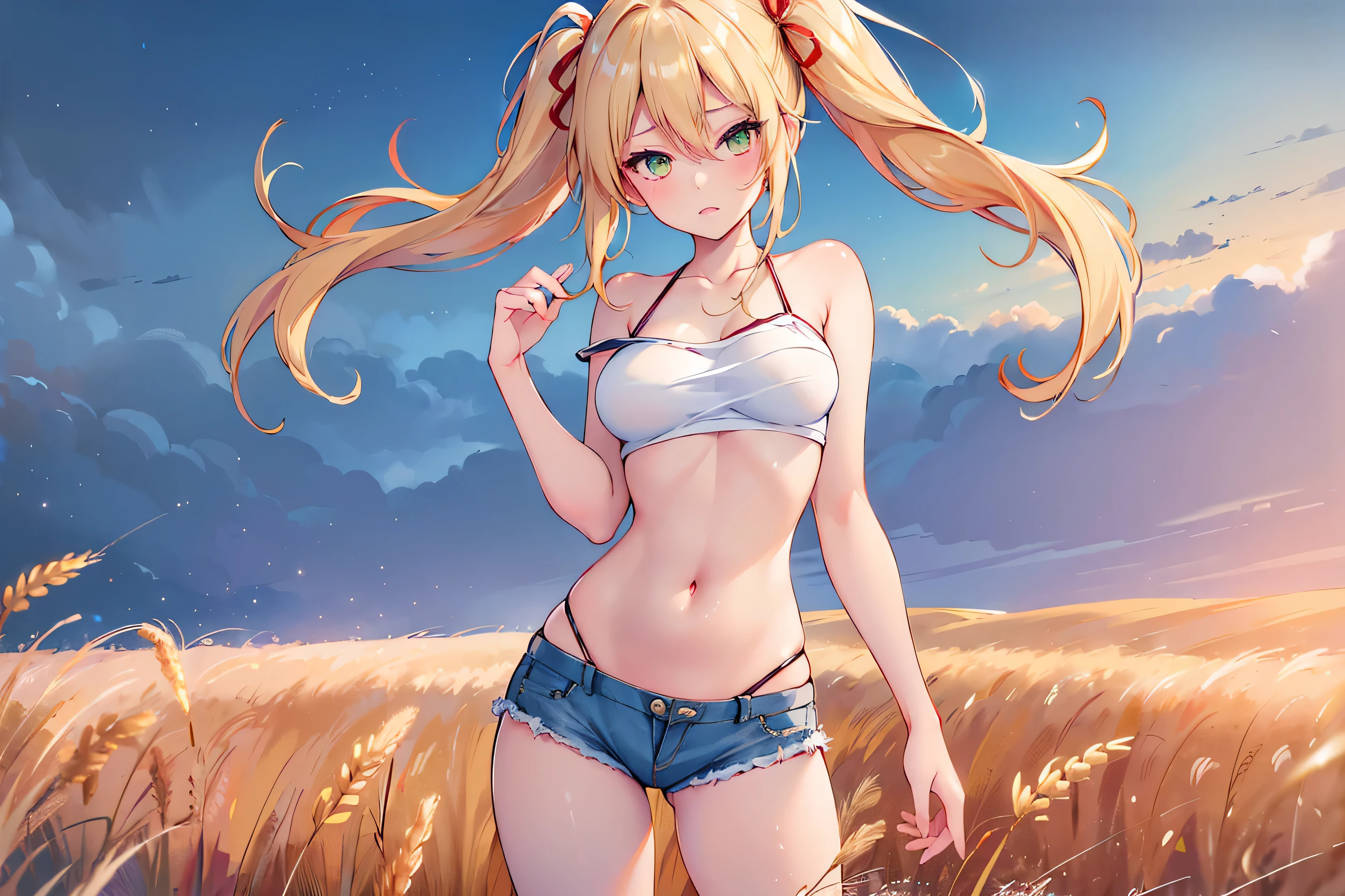 1girl, solo, (masterpiece, best quality, High Detail, 8K), blonde, long wavy hair, twintails with red ribbons in hair, dark tanned skin, extremely sexy, bikini tan, large breasts, Head to hips shot, Full body shot, cowboy shot, skinny, large green eyes, ((thin waist, small hips, long torso)), ((Dean Yeagle Style - Mandy)), wearing cutoff bluejean short-shorts, country girl, standing in a wheat field, farm background, wheat field,