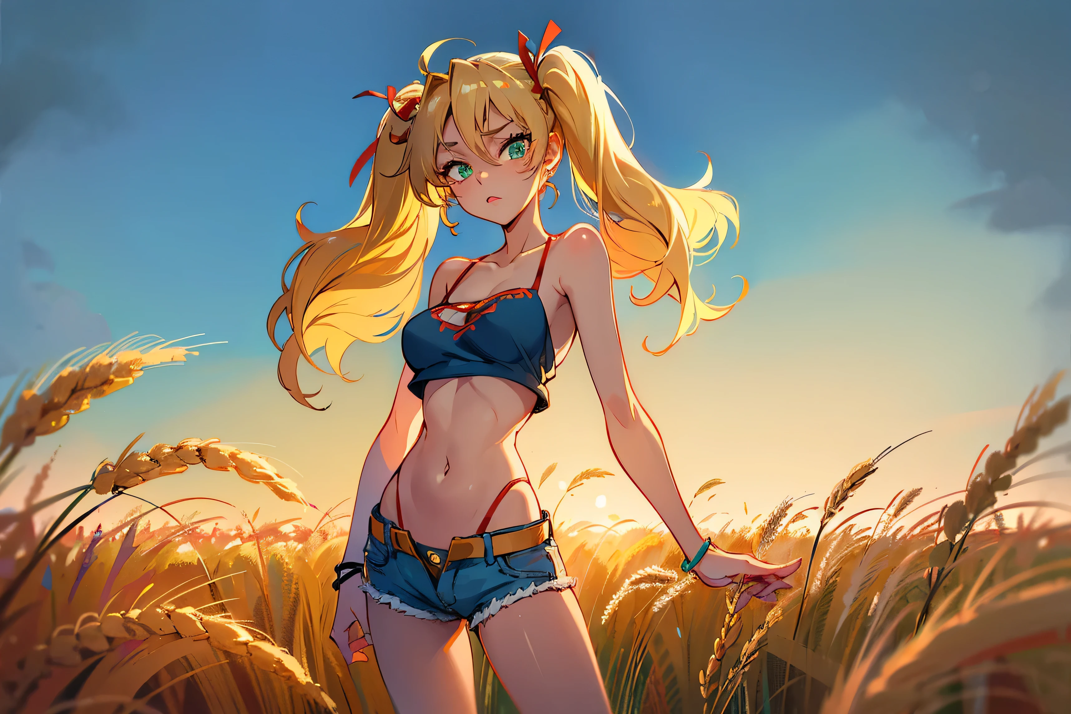 1girl, solo, (masterpiece, best quality, High Detail, 8K), blonde, long wavy hair, twintails with red ribbons in hair, dark tanned skin, extremely sexy, bikini tan, large breasts, Head to hips shot, Full body shot, cowboy shot, skinny, large green eyes, ((thin waist, small hips, long torso)), ((Dean Yeagle Style - Mandy)), wearing cutoff bluejean short-shorts, country girl, standing in a wheat field, farm background, wheat field,