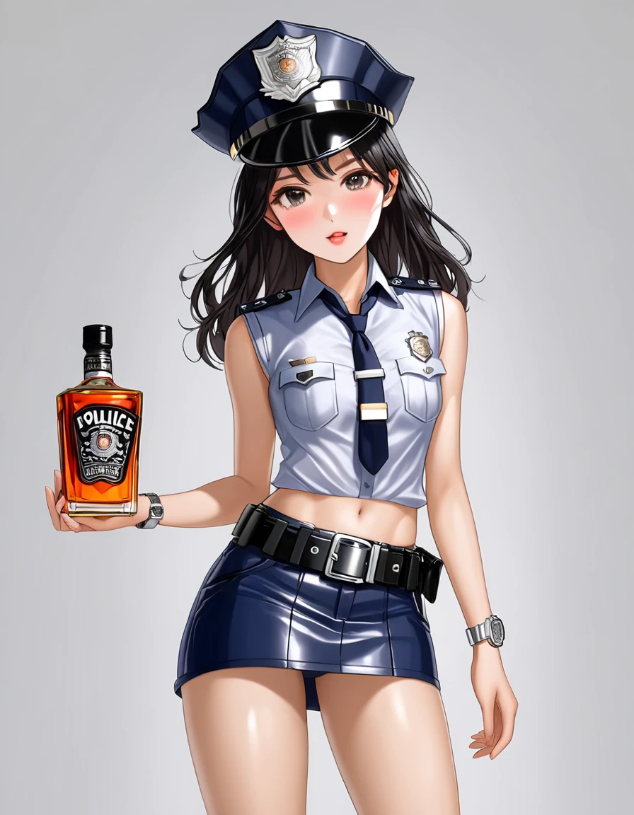 NSFW, high resolution image, best quality, Naked Korean beauty with hand over mouth１people,( beautiful face:1.2), shiny skin, delicate body,Small breasts, Shiny Black Hair,Ultra detailed round eyes ,((White background)),((sleeveless police shirt:1.2)),(( Ultra Miniskirt That Highlights Long Legs:1.2)),((Wear a police officer belt with a low waist:1.5)),((square silver buckle:1.5))(silver watch on the wrist:1.5),(police hat :1.2),( standing :1.3),(Depicting the body from the knees up),( cowboy shot:1.3),24K,(Holding whiskey:1.5),(Freckles:0.5),((Drunk:0.9)),(( short boots :0.5))