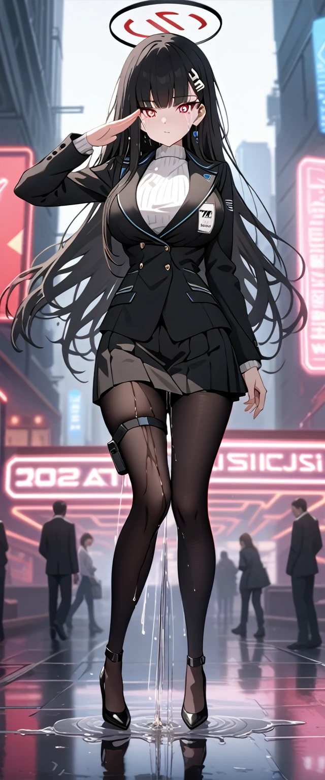 (high quality,Very detailed:1.37, High resolution), 2d, anime, anime style, anime source, Woman, Rio, large breasts, black hair, red eyes, hair ornament, hairclip, halo, long hair, black footwear, black jacket, black pantyhose, black skirt, buttoned cuffs, high heels, jacket, long sleeves, office lady, pantyhose, ribbed sweater, skirt, sweater, thigh strap, turtleneck, turtleneck sweater, white sweater, (wetting self:2.0), salute, futuristic, science fiction, (best quality,4k,8k,highres,masterpiece:1.2),ultra-detailed,highly detailed face,extremely detailed eyes and face,portriat,dramatic lighting,vibrant colors,neon lights,technologically advanced environment