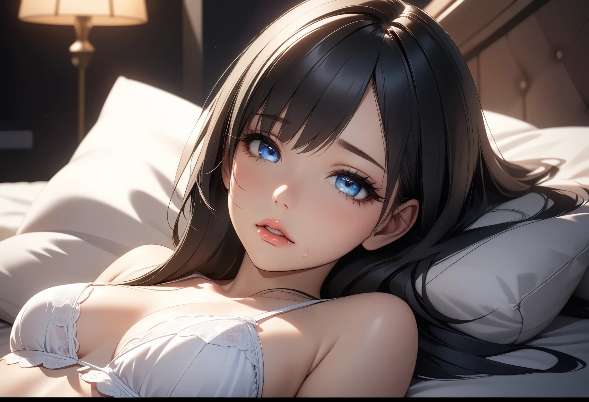 4K, 8K, (Masterpiece, best quality:1.2), blue eyes, perfect face, cosplay, professional photo, photo, photorealism, modelshoot style, portrait of shirogane, red plugsuit, feminine, bedroom, bed, sheets, window, plants, upper body, face shot