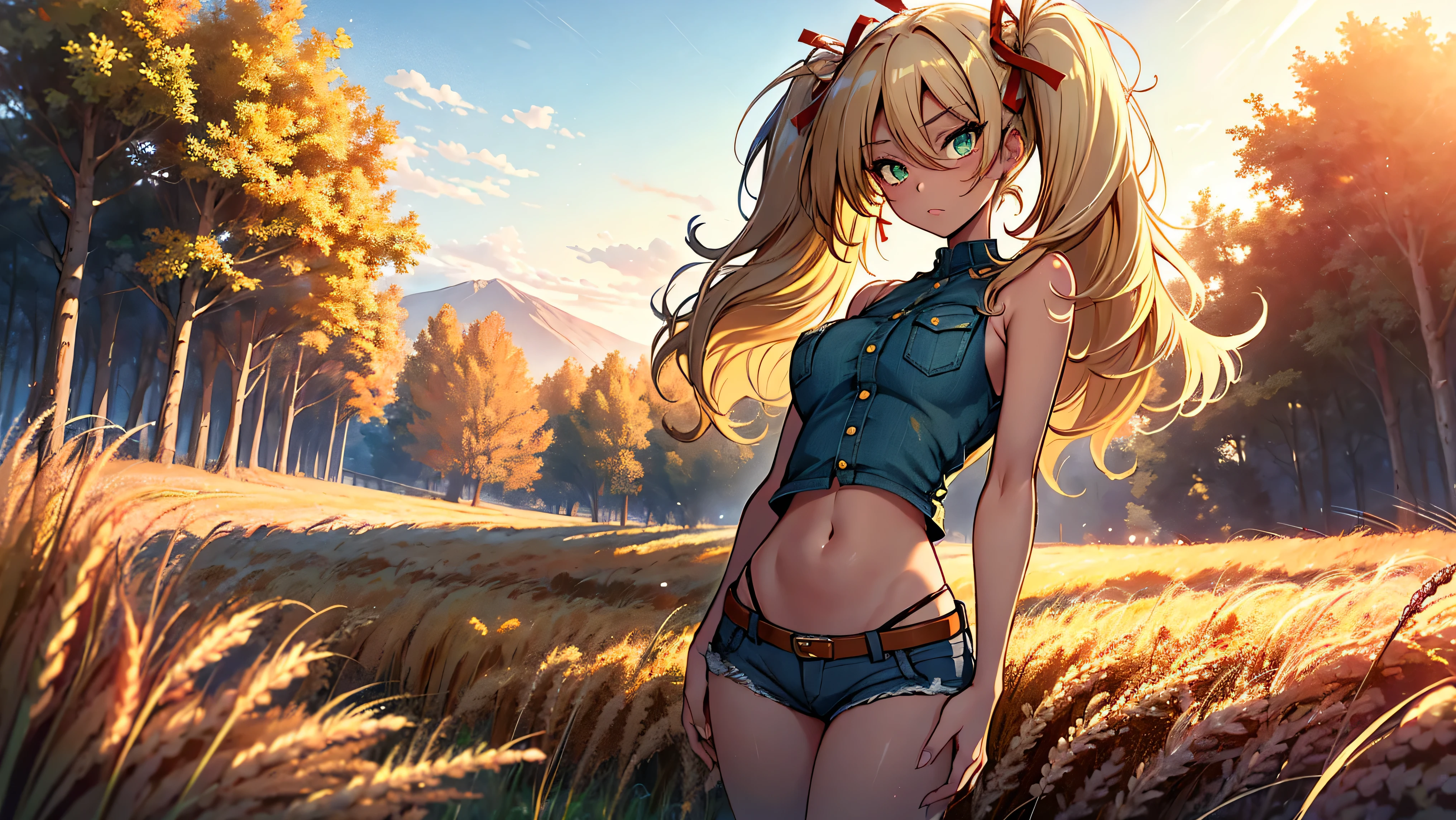 1girl, solo, (masterpiece, best quality, High Detail, 8K), blonde, long wavy hair, twintails with red ribbons in hair, dark tanned skin, extremely sexy, bikini tan, large breasts, Head to hips shot, Full body shot, cowboy shot, skinny, large green eyes, ((thin waist, small hips, long torso)), ((Dean Yeagle Style - Mandy)), wearing cutoff bluejean short-shorts, country girl, standing in a wheat field, farm background, wheat field,