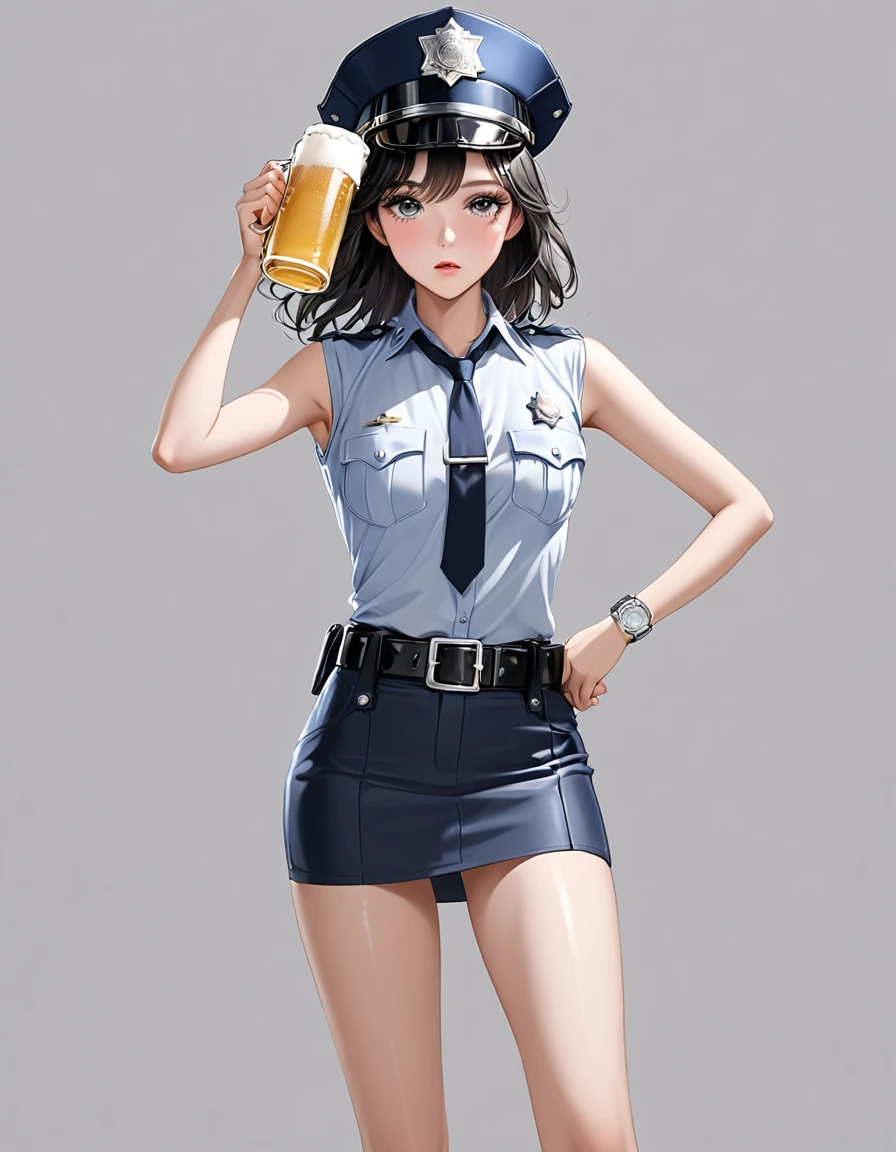 NSFW, high resolution image, best quality, Naked Korean beauty with hand over mouth１people,( beautiful face:1.2), shiny skin, delicate body,Small breasts, Shiny Black Hair,Ultra detailed round eyes ,((White background)),((sleeveless police shirt:1.2)),(( Ultra Miniskirt That Highlights Long Legs:1.2)),((Wear a police officer belt with a low waist:1.5)),((square silver buckle:1.5))(silver watch on the wrist:1.5),(police hat :1.2),( standing :1.3),(Depicting the body from the knees up),( cowboy shot:1.3),24K,(Holding a beer:1.5),(Freckles:0.5),((Drunk:1.0)),(( short boots :0.5)),(( sad:0.7))