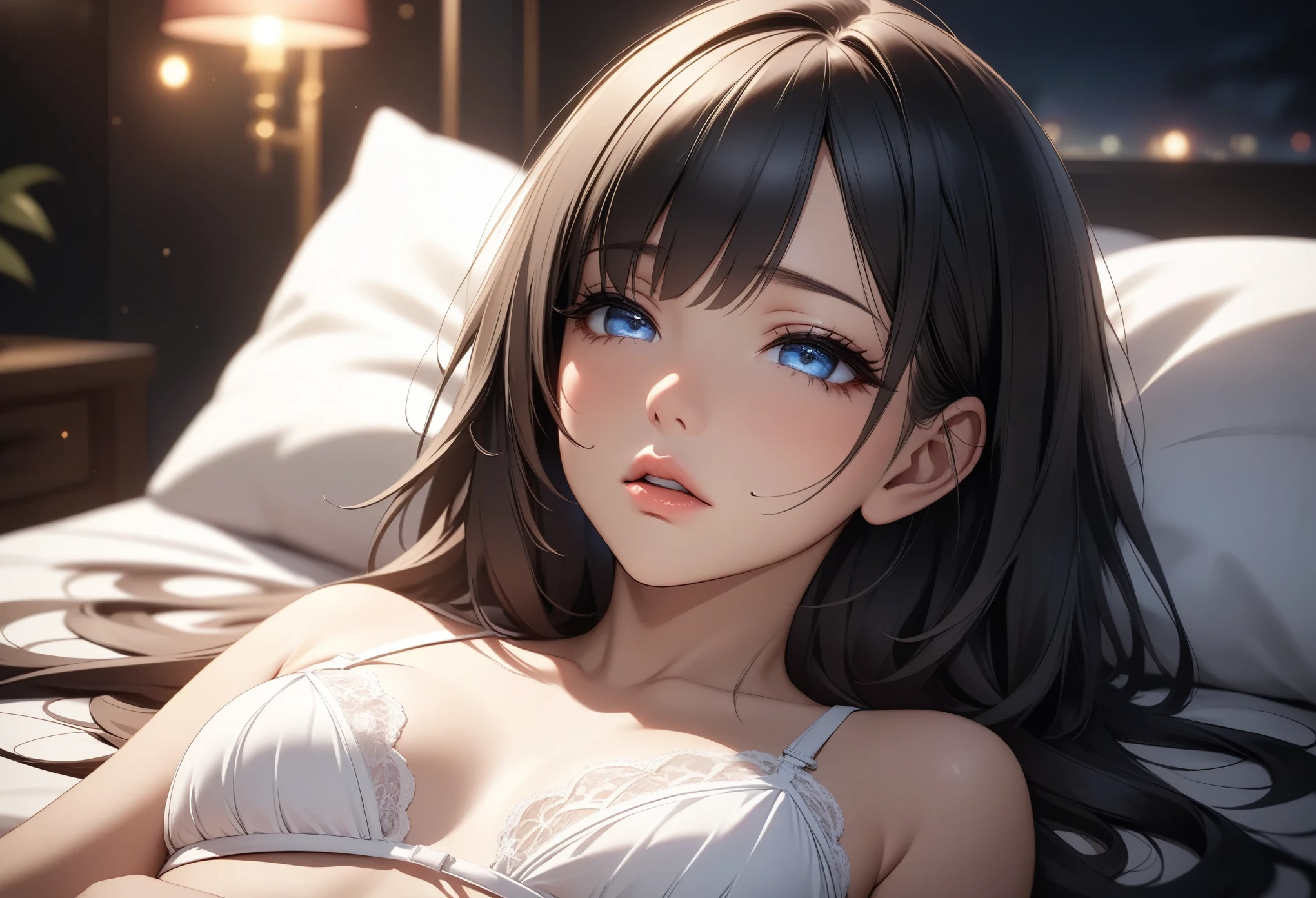 best quality, super_delicate, super delicate eyes, ultra detailed, beautiful, 8k , 1girl, lying, beautiful stomach, bare shoulder, semi nude, breasts hidden by silk cloth, earrings, choker, bed
