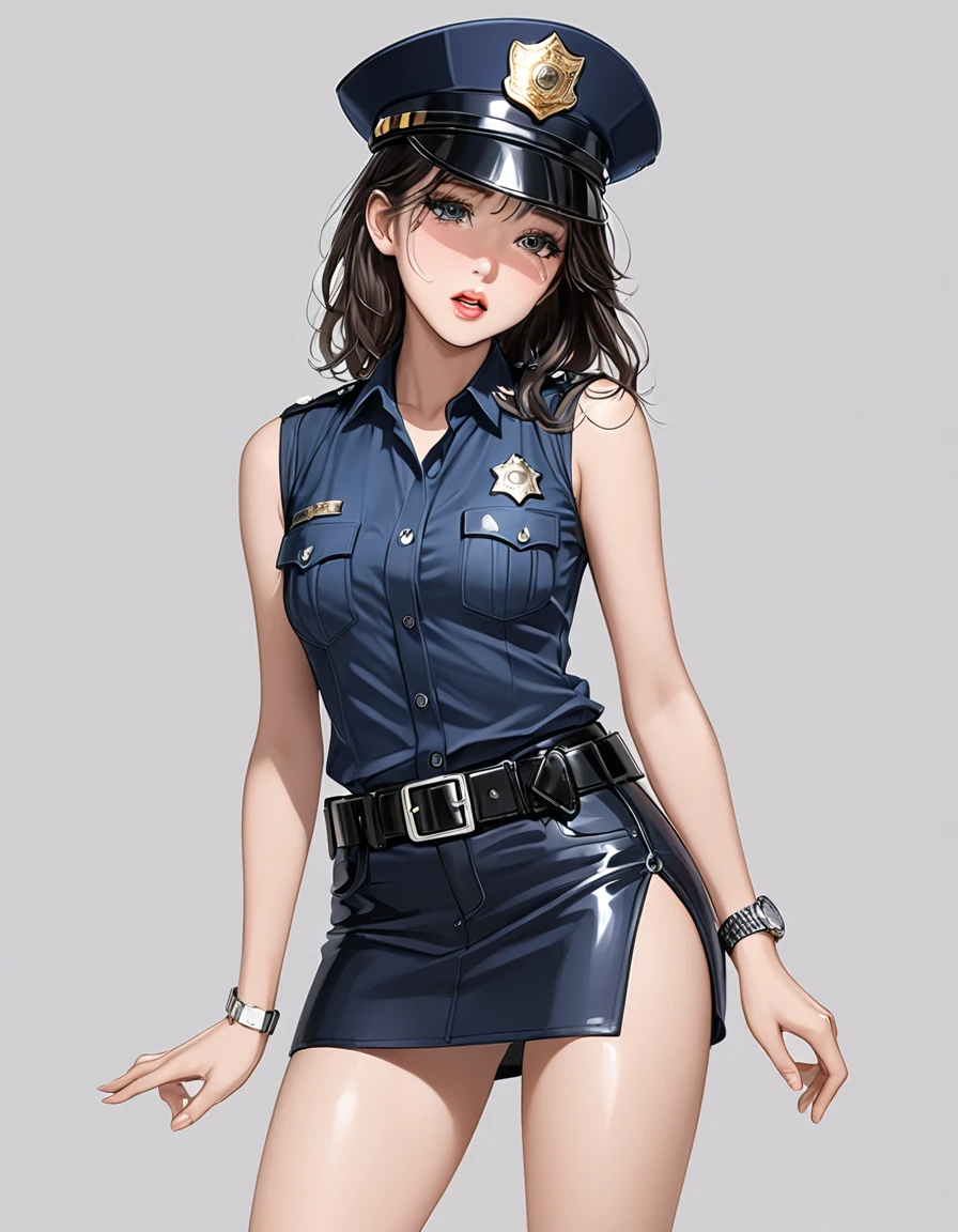 NSFW, high resolution image, best quality, Naked Korean beauty with hand over mouth１people,( crying face :1.2), shiny skin, delicate body,Small breasts, Shiny Black Hair,Ultra detailed round eyes ,((White background)),((sleeveless police shirt:1.2)),(( Ultra Miniskirt That Highlights Long Legs:1.2)),((Wear a police officer belt with a low waist:1.5)),((square silver buckle:1.5))(silver watch on the wrist:1.5),(police hat :1.2),( standing :1.3),(Depicting the body from the knees up),( cowboy shot:1.3),24K,(Holding whiskey:1.5),(Freckles:0.5),((Drunk:0.9)),(( short boots :0.5))