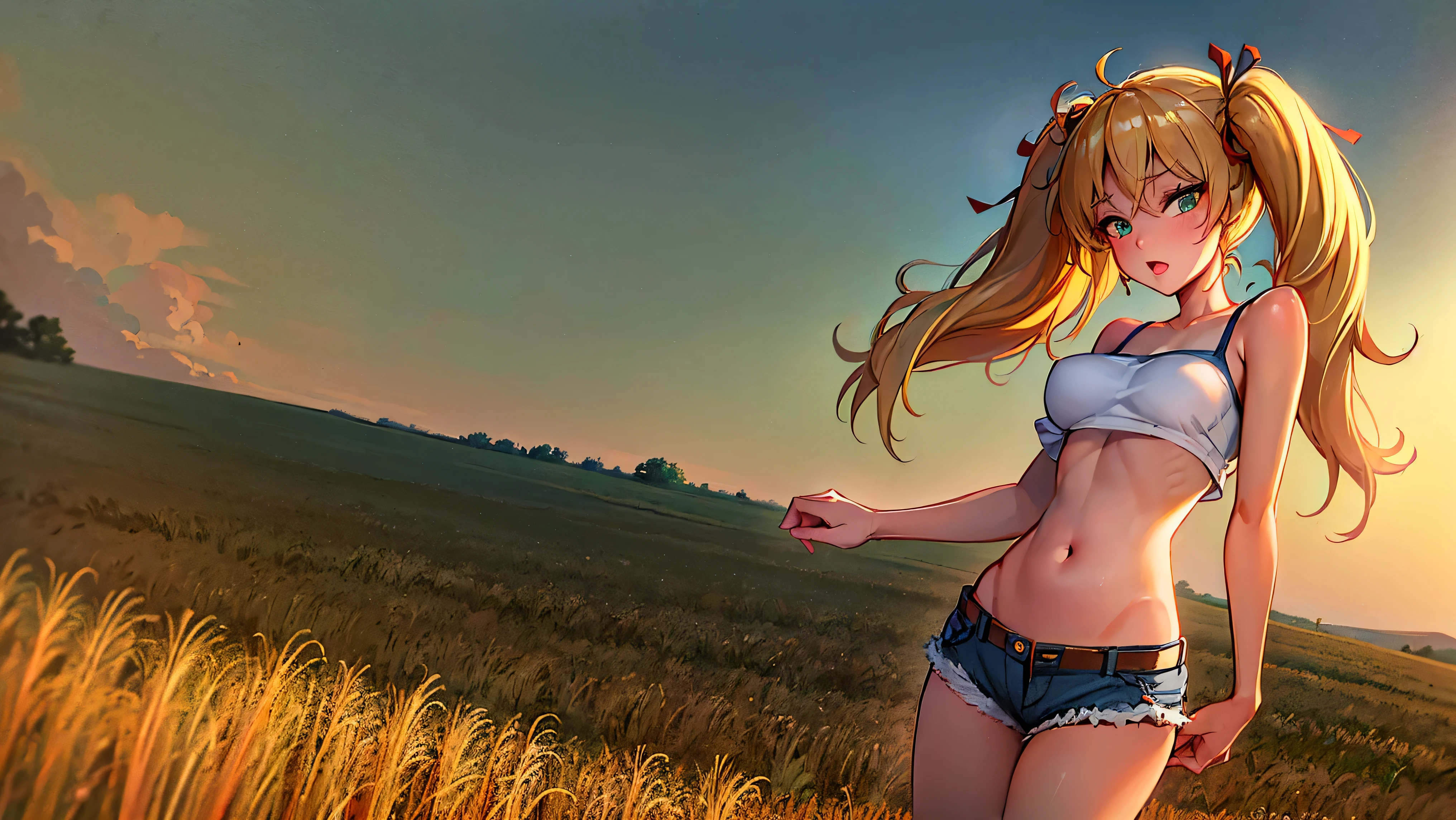 1girl, solo, (masterpiece, best quality, High Detail, 8K), blonde, long wavy hair, twintails with red ribbons in hair, dark tanned skin, extremely sexy, bikini tan, large breasts, Head to hips shot, Full body shot, cowboy shot, skinny, large green eyes, ((thin waist, small hips, long torso)), ((Dean Yeagle Style - Mandy)), wearing cutoff bluejean short-shorts, country girl, standing in a wheat field, farm background, wheat field,