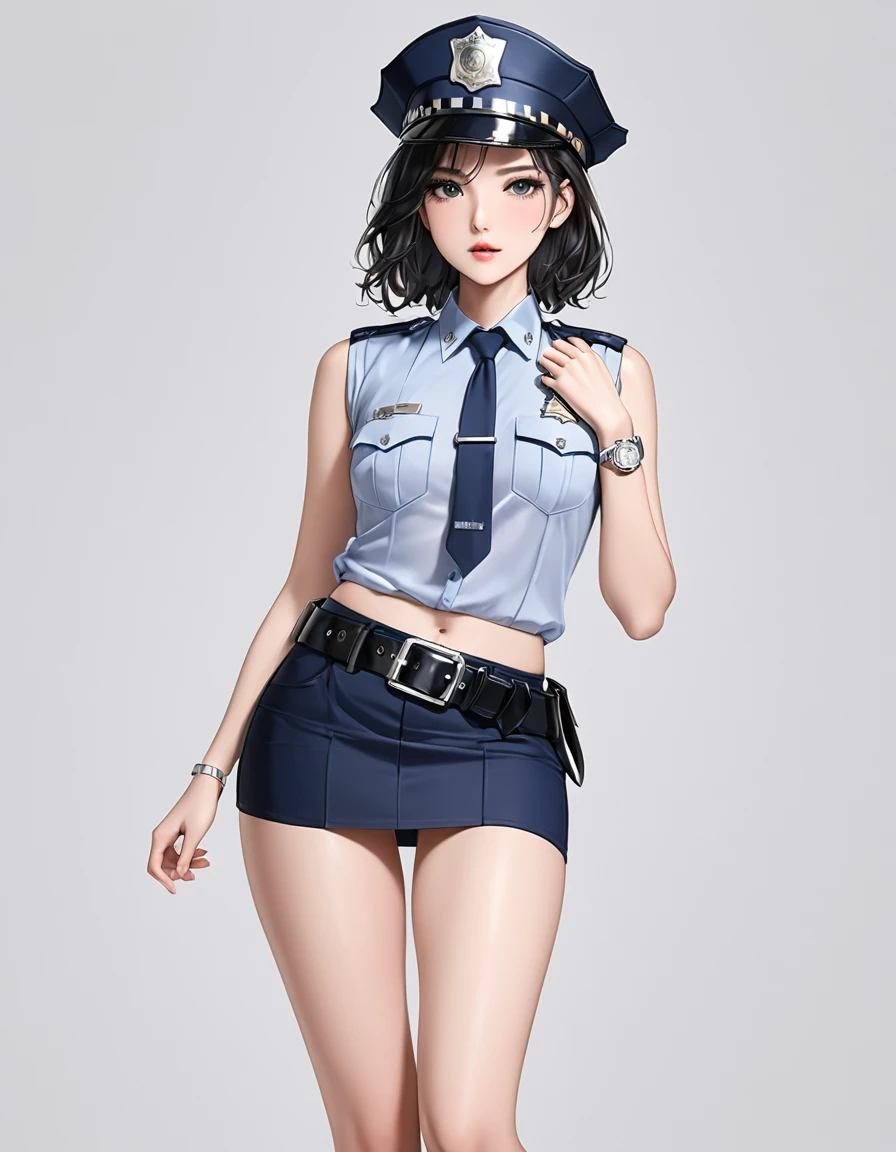 NSFW, high resolution image, best quality, Naked Korean beauty with hand over mouth１people,( beautiful face:1.2), shiny skin, delicate body,Small breasts, Shiny Black Hair,Ultra detailed round eyes ,((White background)),((sleeveless police shirt:1.2)),(( Ultra Miniskirt That Highlights Long Legs:1.2)),((Wear a police officer belt with a low waist:1.5)),((square silver buckle:1.5))(silver watch on the wrist:1.5),(police hat :1.2),( standing :1.3),(Depicting the body from the knees up),( cowboy shot:1.3),24K,(Hold a wine glass in one hand:1.5),(Freckles:0.5),((Drunk:0.9)),(( short boots :0.5)),((cry:1.1))