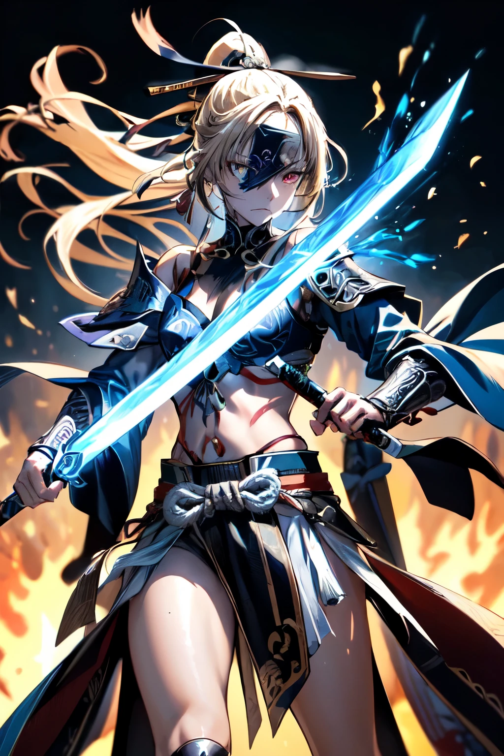 a woman warrior in an anime art style, highly anatomically accurate, detailed character expressions, ponytail hairstyle, masterpiece, wrinkled skin, action painting style, heavy makeup, tan skin, perfect face, perfect eyes, samurai, samurai armor, feudal japan warrior, waist armor, sword strike, small bust, slender thighs, combat with enemies, calm expression, fire elemental, blonde hair, feudal japan warlord, battle of sekigahara, glowing sword effects, translucent sword