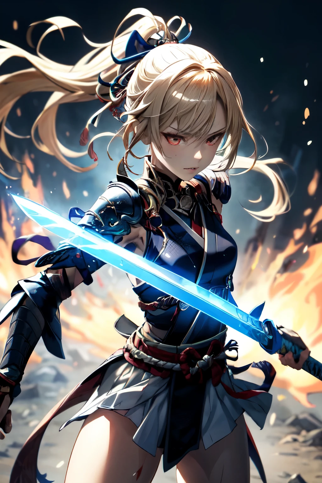 a woman warrior in an anime art style, highly anatomically accurate, detailed character expressions, ponytail hairstyle, masterpiece, wrinkled skin, action painting style, heavy makeup, tan skin, perfect face, perfect eyes, samurai, samurai armor, feudal japan warrior, waist armor, sword strike, small bust, slender thighs, combat with enemies, calm expression, fire elemental, blonde hair, feudal japan warlord, battle of sekigahara, glowing sword effects, translucent sword