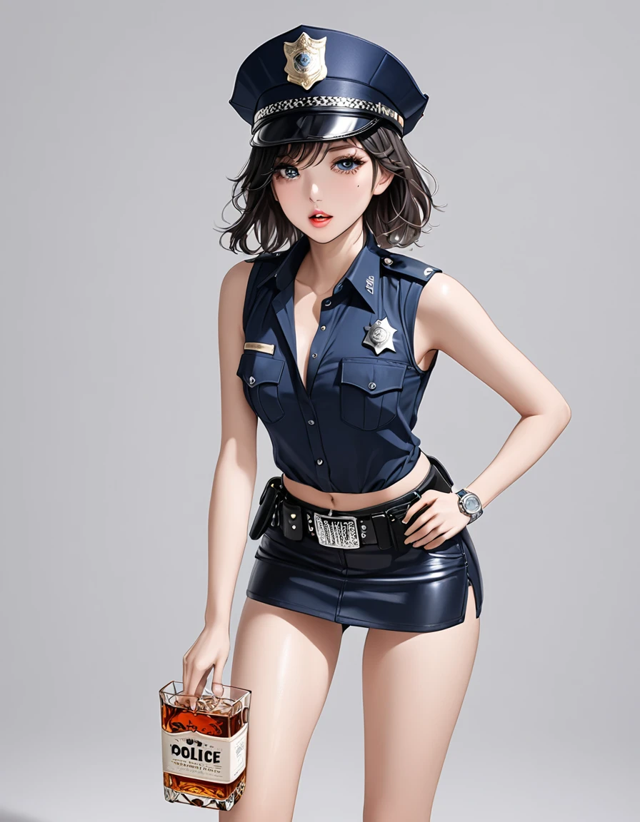 NSFW, high resolution image, best quality, Naked Korean beauty with hand over mouth１people,( crying face :1.0), shiny skin, delicate body,Small breasts, Shiny Black Hair,Ultra detailed round eyes ,((White background)),((sleeveless police shirt:1.2)),(( Ultra Miniskirt That Highlights Long Legs:1.2)),((Wear a police officer belt with a low waist:1.5)),((square silver buckle:1.5))(silver watch on the wrist:1.5),(police hat :1.2),( standing :1.3),(Depicting the body from the knees up),( cowboy shot:1.3),24K,(Holding whiskey:1.5),(Freckles:0.5),((Drunk:0.9)),(( short boots :0.5))