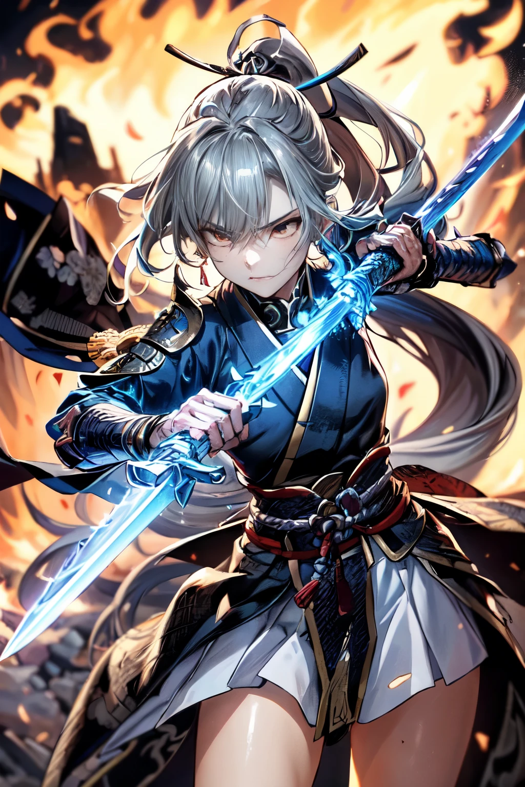 a woman warrior in an anime art style, highly anatomically accurate, detailed character expressions, ponytail hairstyle, masterpiece, wrinkled skin, action painting style, heavy makeup, tan skin, perfect face, perfect eyes, samurai, samurai armor, feudal japan warrior, waist armor, sword strike, small bust, slender thighs, combat with enemies, calm expression, fire elemental, blonde hair, feudal japan warlord, battle of sekigahara, glowing sword effects, translucent sword