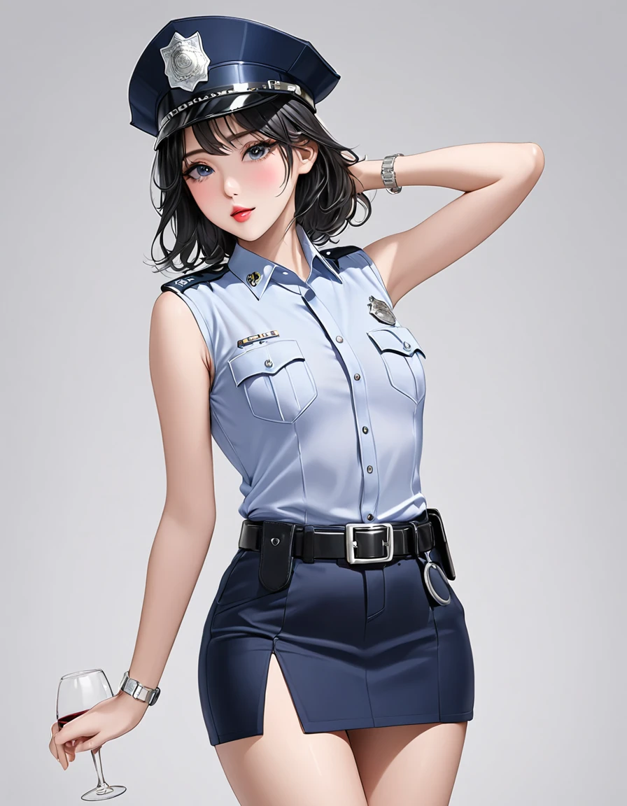 NSFW, high resolution image, best quality, Naked Korean beauty with hand over mouth１people,( beautiful face:1.2), shiny skin, delicate body,Small breasts, Shiny Black Hair,Ultra detailed round eyes ,((White background)),((sleeveless police shirt:1.2)),(( Ultra Miniskirt That Highlights Long Legs:1.2)),((Wear a police officer belt with a low waist:1.5)),((square silver buckle:1.5))(silver watch on the wrist:1.5),(police hat :1.2),( standing :1.3),(Depicting the body from the knees up),( cowboy shot:1.3),24K,(Hold a wine glass in one hand:1.5),(Freckles:0.5),((Drunk:0.9)),(( short boots :0.5)),((cry:1.1))