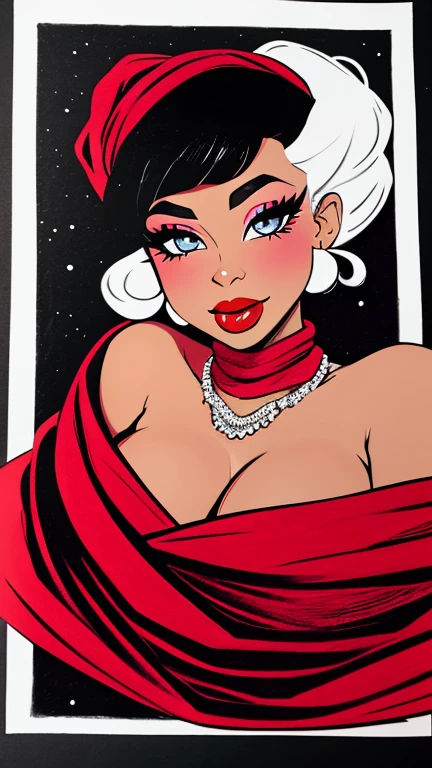 A White pencil draws monocromatic on black paper of Flirty black woman with red lips, Wearing exuberant colored necklaces, an extravagant red dress, and a red and white scarf on her head