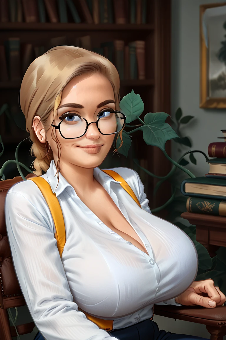 Solo, 1girl, masterpiece, best quality, extremly detailed, Cinematic lighting, intricate detail, highres, official art, finely detailed beautiful face and eyes, high resolution illustration, 8k, dark intense shadows, overexposure, [blonde hair/brown hair], single braid, blue eyes, glasses, smug, sitting on chair, upper body, large breasts, white shirts, yellow suspenders, book_stack, library, ((vine)), rose, looking at the viewer