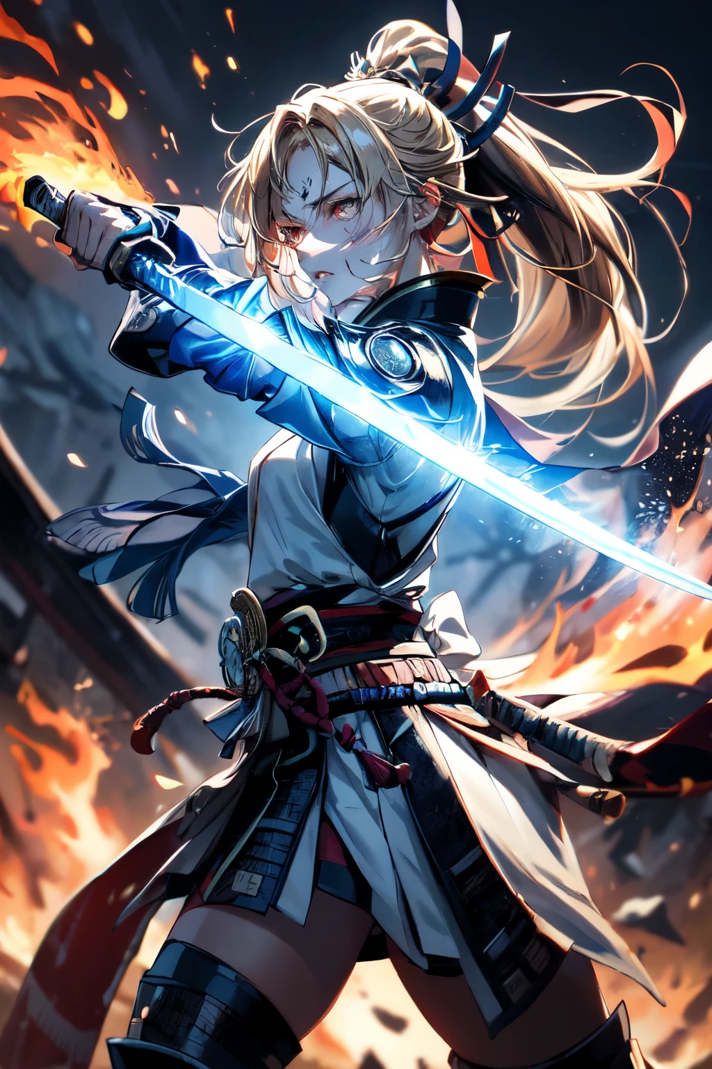 a woman warrior in an anime art style, highly anatomically accurate, detailed character expressions, ponytail hairstyle, masterpiece, wrinkled skin, action painting style, heavy makeup, tan skin, perfect face, perfect eyes, samurai, samurai armor, feudal japan warrior, waist armor, sword strike, small bust, slender thighs, combat with enemies, calm expression, fire elemental, blonde hair, feudal japan warlord, battle of sekigahara, glowing sword effects, translucent sword,Ultra Wide Angle, 