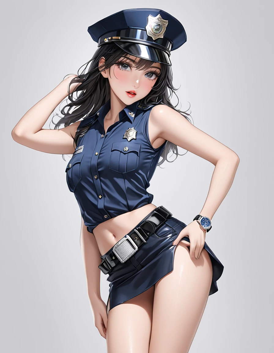 NSFW, high resolution image, best quality, Naked Korean beauty with hand over mouth１people,( beautiful face:1.2), shiny skin, delicate body,Small breasts, Shiny Black Hair,Ultra detailed round eyes ,((White background)),((sleeveless police shirt:1.2)),(( Ultra Miniskirt That Highlights Long Legs:1.2)),((Wear a police officer belt with a low waist:1.5)),((square silver buckle:1.5))(silver watch on the wrist:1.5),(police hat :1.2),( standing :1.3),(Depicting the body from the knees up),( cowboy shot:1.3),24K,(Hold a wine glass in one hand:1.5),(Freckles:0.5),((Drunk:0.9)),(( short boots :0.5)),((cry:1.1))