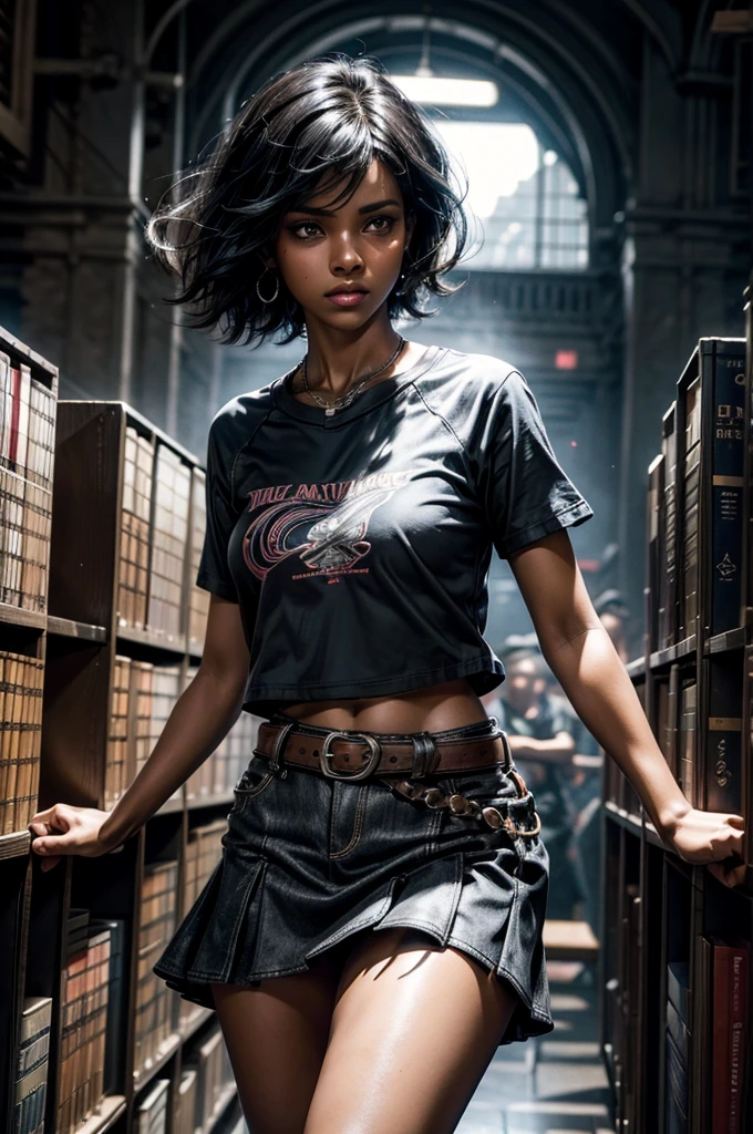 MariaCalavera, dark skin, black hair, short hair, silver eyes, t-shirt, skirt, cowboy shot, (dynamic pose), standing in library (volumetric lighting), intricate details, tonemapping, sharp focus, hyper detailed