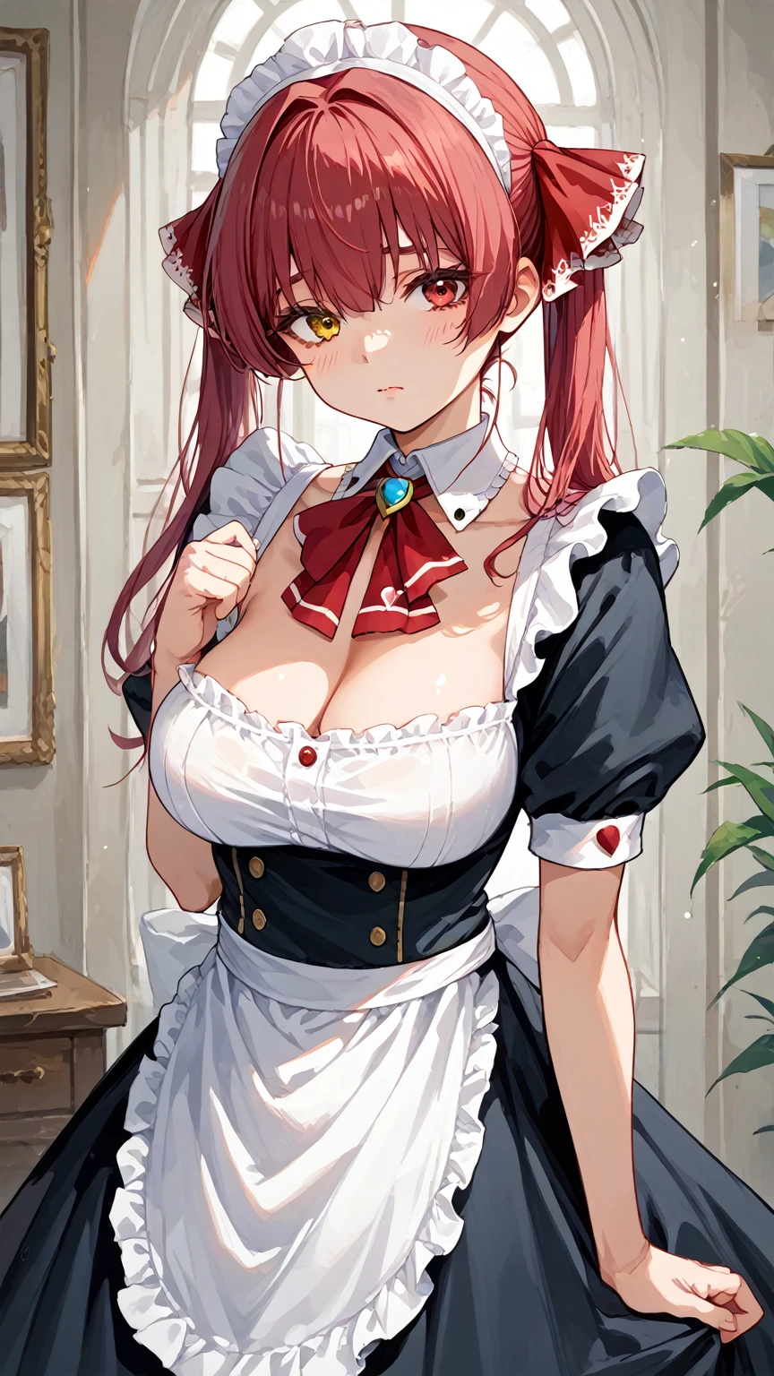 marine houshou, red hair, twintails, heterochromia, red eyes, yellow eyes, hair ribbon,large breasts,sexy maid outfit,(curious expression:1.2)