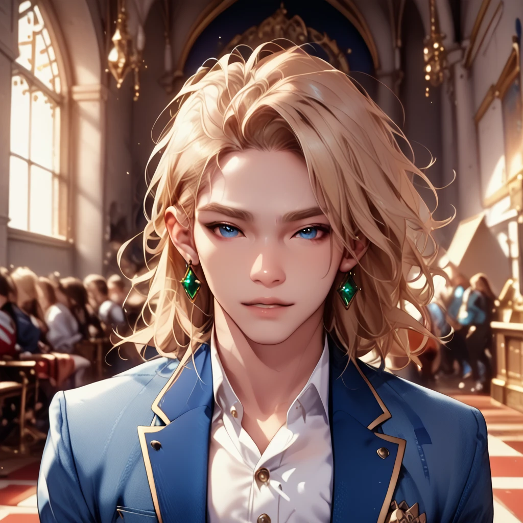 howl from howls moving castle, 1male, blonde hair, green earrings, red and blue checkered coat with golden rims, white shirt, blue jeans, blue eyes, handsome, manwha, slender, femboy
