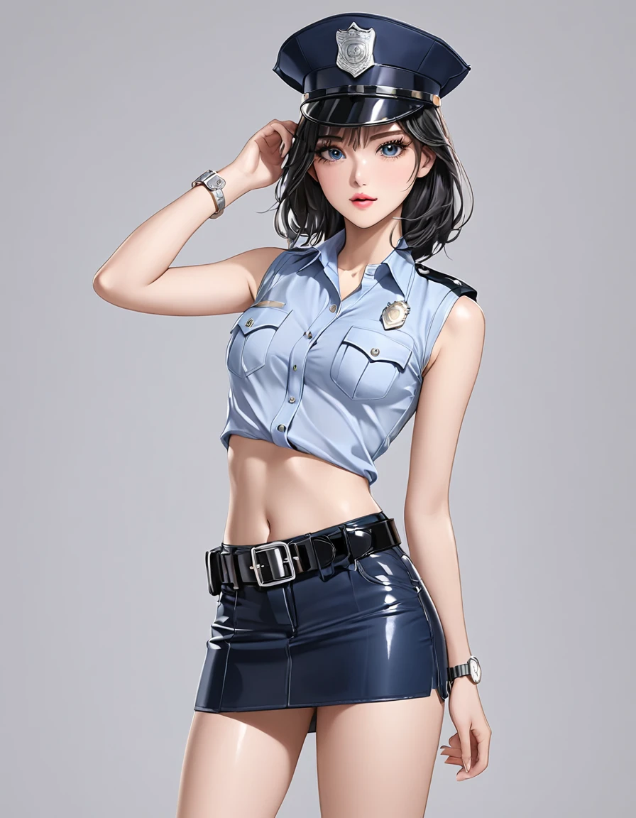 NSFW, high resolution image, best quality, Naked Korean beauty with hand over mouth１people,( beautiful face:1.2), shiny skin, delicate body,Small breasts, Shiny Black Hair,Ultra detailed round eyes ,((White background)),((sleeveless police shirt:1.2)),(( Ultra Miniskirt That Highlights Long Legs:1.2)),((Wear a police officer belt with a low waist:1.5)),((square silver buckle:1.5))(silver watch on the wrist:1.5),(police hat :1.2),( standing :1.3),(Depicting the body from the knees up),( cowboy shot:1.3),24K,(Hold a wine glass in one hand:1.5),(Freckles:0.5),((Drunk:0.9)),(( short boots :0.5)),((cry:1.1))