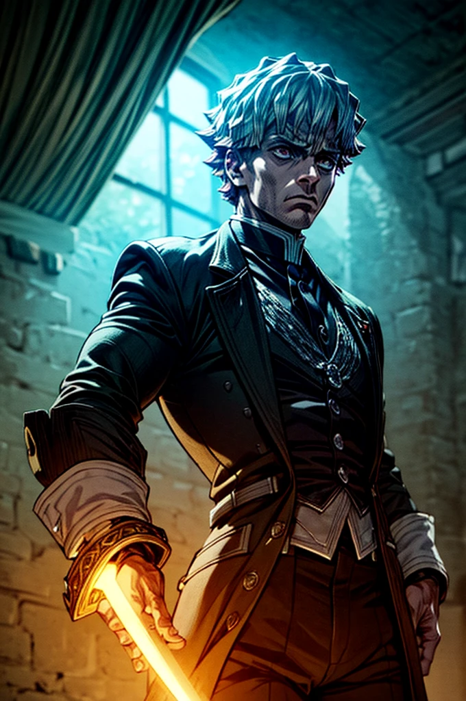 " dark and elegant with a serious and determined expression,  smooth silver hair brushed back ,  wearing a blue coat with silver and ornate details .  He carries a long, sharp sword in his hand , in a firm and confident position ,  with a posture of great presence and authority . In the background,  a hazy and dark environment ,  suggesting a gothic setting with elements of dark fantasy .  The character is shrouded in an aura of mystery and power ,  with a faint blue glow around him ,  emphasizing his supernatural power . dramatic and contrasting lighting."