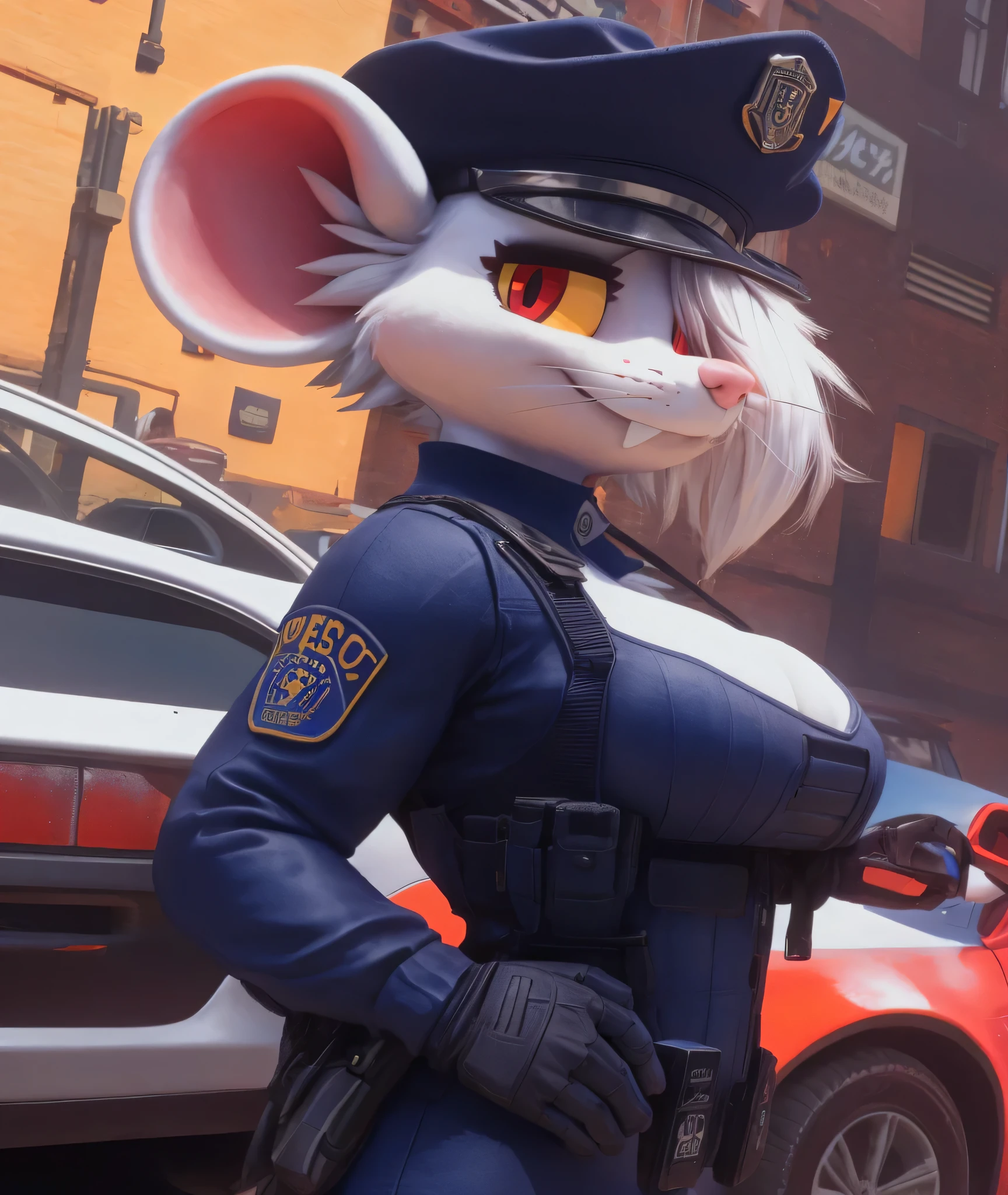 [Officer Flint], [uploaded to e621.net; (pixelsketcher), (wamudraws), (mayosplash)], ((masterpiece)), ((bust portrait)), ((side view)), ((cartoon aesthetic)), ((beautiful render art)), ((intricate details)), {(athletic figure), (white fur), (pink nose), (rat ears), (short white hair), (messy bang over eye), (cute red eyes with yellow sclera), (long eyelashes), (whiskers), (smug grin), (relaxed expression), (sharp yellow fangs)}, {(cop outfit), (blue body armor), (black full bodysuit), (cleavage), (cop hat)}, {(leaning on car window), (looking at viewer)}, [ambient lighting, street, sun rays]