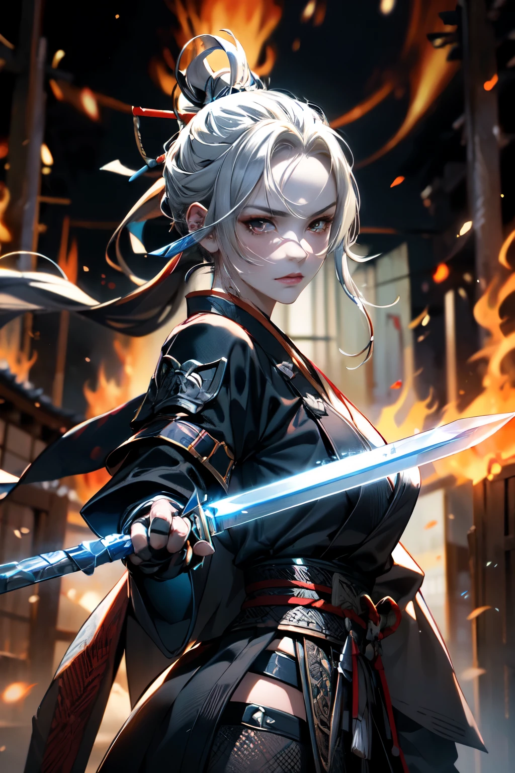 a woman warrior in an anime art style, highly anatomically accurate, detailed character expressions, ponytail hairstyle, masterpiece, wrinkled skin, action painting style, heavy makeup, tan skin, perfect face, perfect eyes, samurai, samurai armor, feudal japan warrior, waist armor, sword strike, small bust, slender thighs, combat with enemies, calm expression, fire elemental, blonde hair, feudal japan warlord, battle of sekigahara, glowing sword effects, translucent sword, ultra wide angle,Cinematography, 