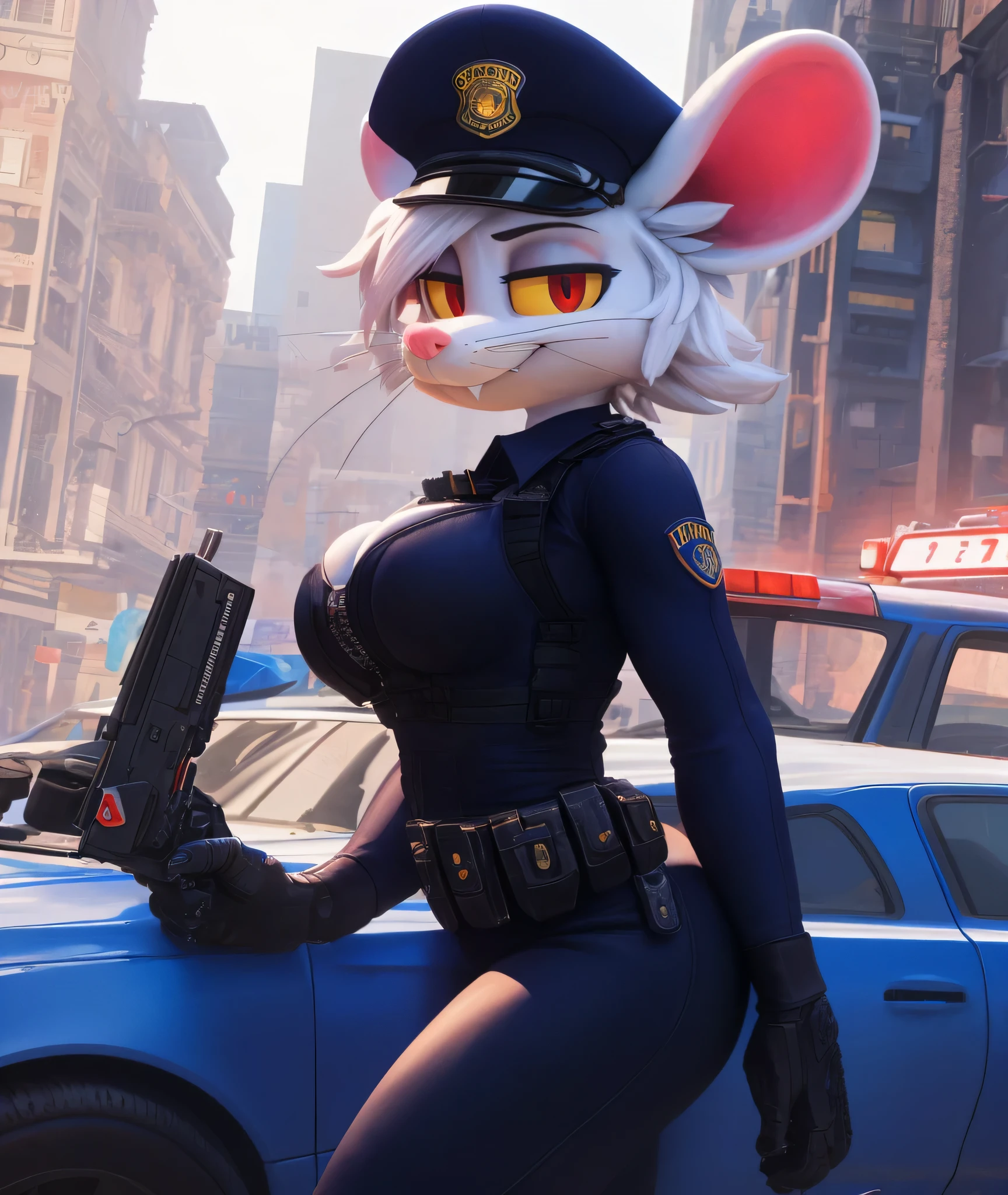 [Officer Flint], [uploaded to e621.net; (pixelsketcher), (wamudraws), (mayosplash)], ((masterpiece)), ((solo portrait)), ((waist up)), ((side view)), ((cartoon aesthetic)), ((beautiful render art)), ((intricate details)), {(athletic figure), (white fur), (pink nose), (big round mouse ears), (short white hair), (messy bang over eye), (cute red eyes with yellow sclera), (long eyelashes), (whiskers), (smug grin), (relaxed expression), (sharp yellow fangs)}, {(cop outfit), (blue body armor), (black full bodysuit), (cleavage), (cop hat)}, {(leaning on car window), (looking at viewer)}, [ambient lighting, street, sun rays]