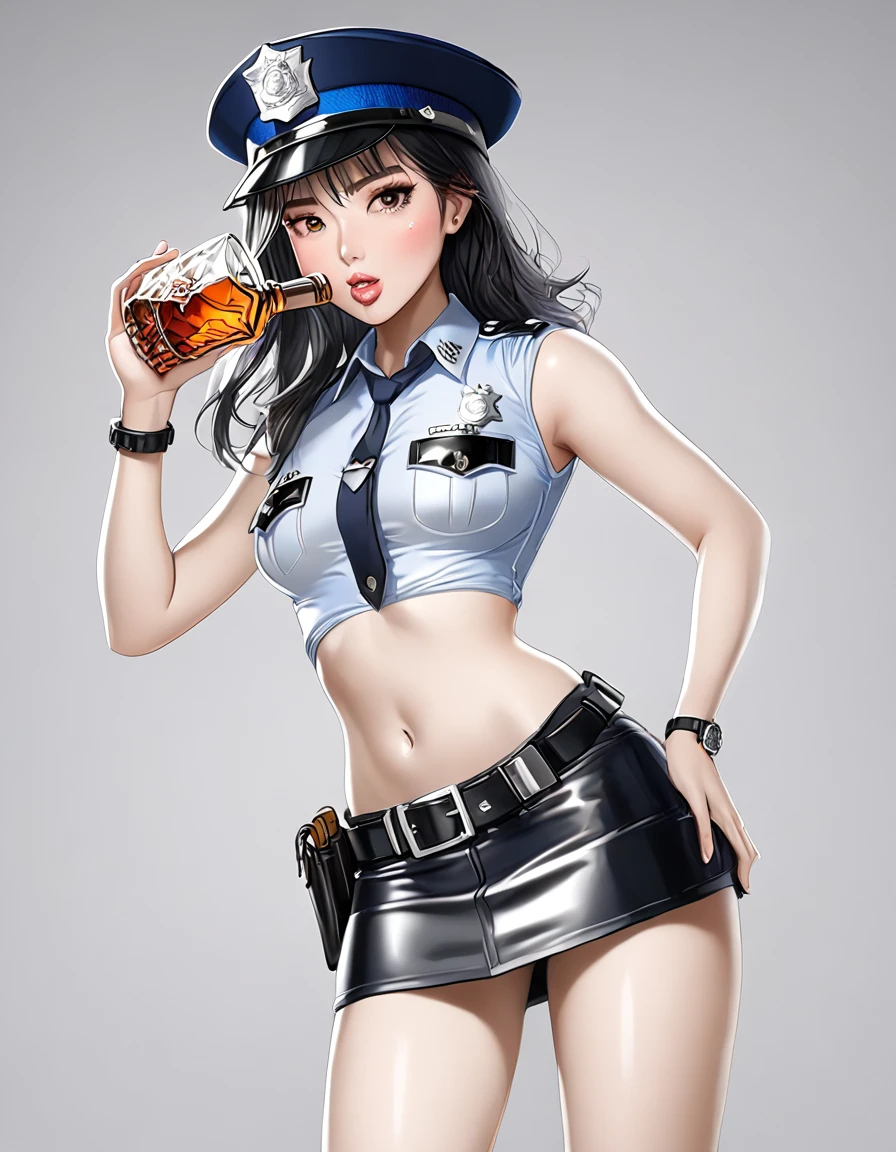 NSFW, high resolution image, best quality, Naked Korean beauty with hand over mouth１people,((She's hiccuping:1.0)), shiny skin, delicate body,Small breasts, Shiny Black Hair,Ultra detailed round eyes ,((White background)),((sleeveless police shirt:1.2)),(( Ultra Miniskirt That Highlights Long Legs:1.2)),((Wear a police officer belt with a low waist:1.5)),((square silver buckle:1.5))(silver watch on the wrist:1.5),(police hat :1.2),( standing :1.3),(Depicting the body from the knees up),( cowboy shot:1.3),24K,(Holding whiskey:1.5),(Freckles:0.5),((Drunk:0.9)),(( short boots :0.5))