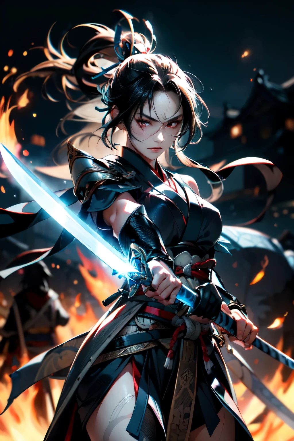 a woman warrior in an anime art style, highly anatomically accurate, detailed character expressions, ponytail hairstyle, masterpiece, wrinkled skin, action painting style, heavy makeup, tan skin, perfect face, perfect eyes, samurai, samurai armor, feudal japan warrior, waist armor, sword strike, small bust, slender thighs, combat with enemies, calm expression, fire elemental, blonde hair, feudal japan warlord, battle of sekigahara, glowing sword effects, translucent sword, ultra wide angle,Cinematography, 