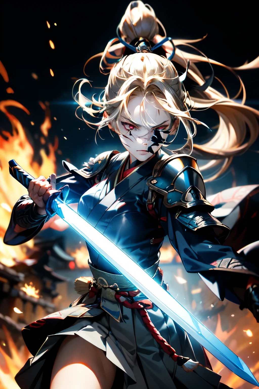 a woman warrior in an anime art style, highly anatomically accurate, detailed character expressions, ponytail hairstyle, masterpiece, wrinkled skin, action painting style, heavy makeup, tan skin, perfect face, perfect eyes, samurai, samurai armor, feudal japan warrior, waist armor, sword strike, small bust, slender thighs, combat with enemies, calm expression, fire elemental, blonde hair, feudal japan warlord, battle of sekigahara, glowing sword effects, translucent sword, ultra wide angle,Cinematography, 