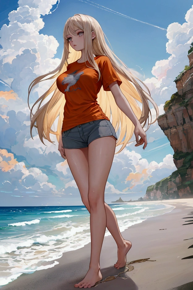  full body ,  High resolution,  masterpiece ,  torture machines , la mejor calidad,  tall details ,  high quality,  young girl,  an athletic and slender girl , with light skin, blonde hair,  long hair , pink lips and intense gray eyes , reminiscent of the color of a storm ,  giving her a determined and insightful look , intellectual and adventurous air ,  thin orange t-shirt with pegasus print,  big breasts , short blue shorts, bare feet, walking along the beach with rough seas and opaque skies