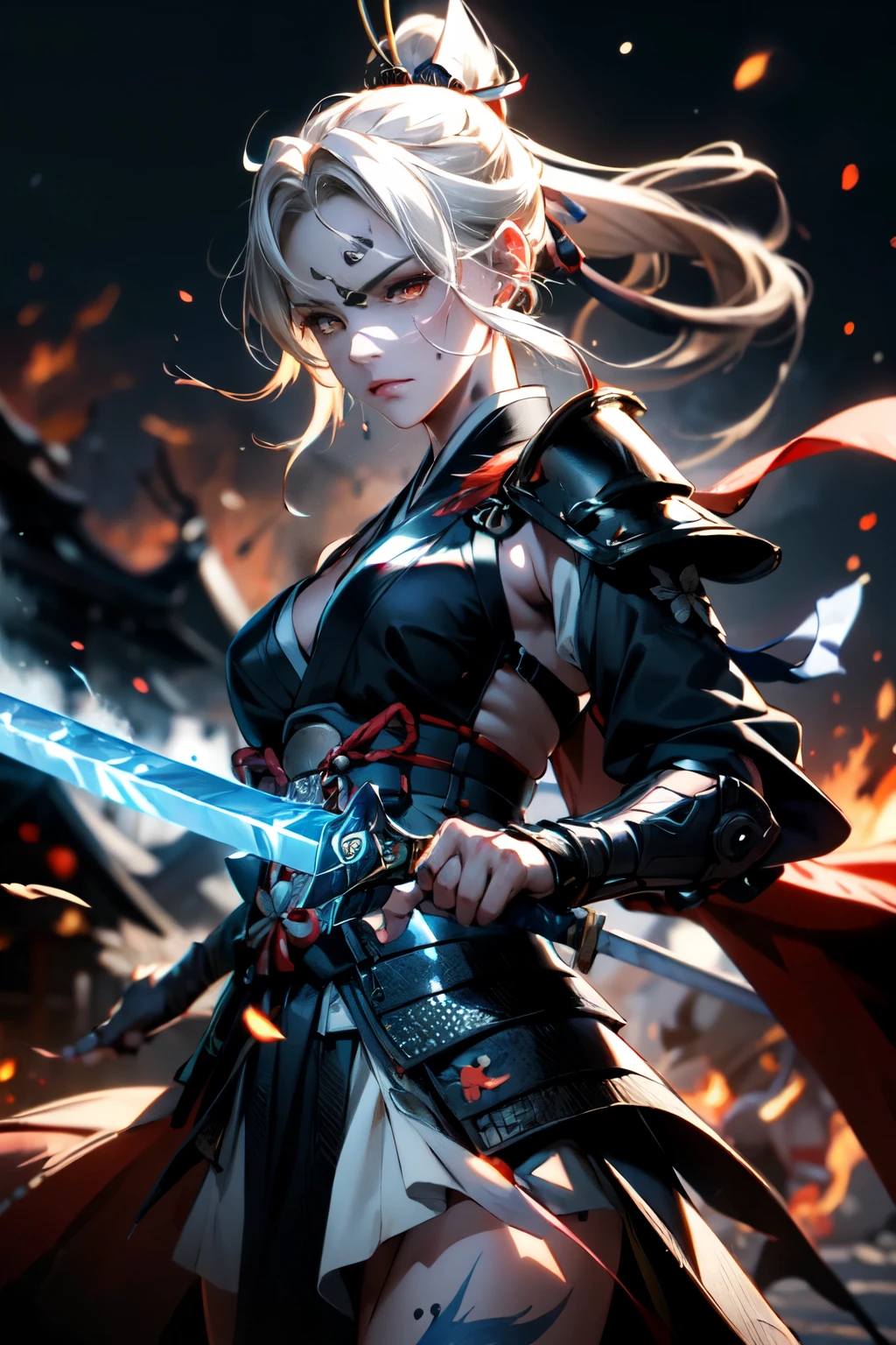 a woman warrior in an anime art style, highly anatomically accurate, detailed character expressions, ponytail hairstyle, masterpiece, wrinkled skin, action painting style, heavy makeup, tan skin, perfect face, perfect eyes, samurai, samurai armor, feudal japan warrior, waist armor, sword strike, small bust, slender thighs, combat with enemies, calm expression, fire elemental, blonde hair, feudal japan warlord, battle of sekigahara, glowing sword effects, translucent sword, ultra wide angle,Cinematography, 