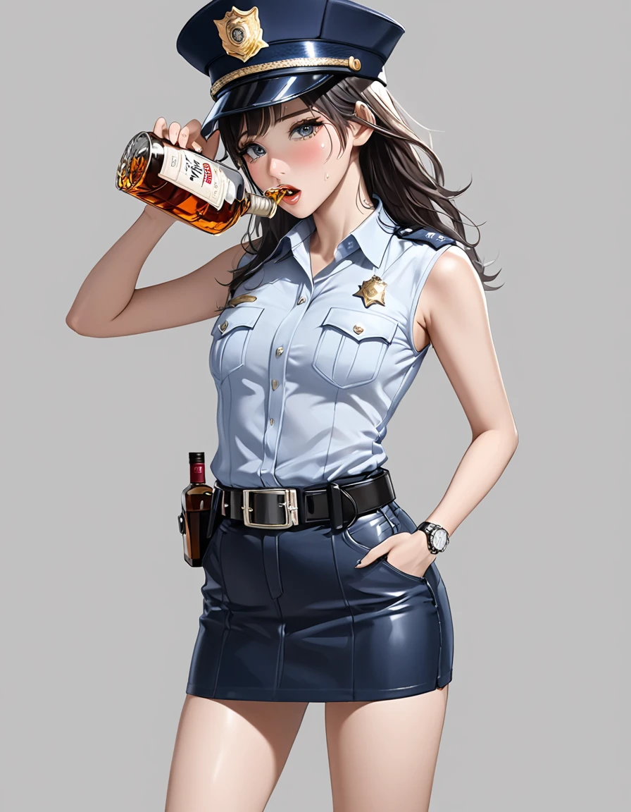 NSFW, high resolution image, best quality, Naked Korean beauty with hand over mouth１people,((Crying face:1.0)), shiny skin, delicate body,Small breasts, Shiny Black Hair,Ultra detailed round eyes ,((White background)),((sleeveless police shirt:1.2)),(( Ultra Miniskirt That Highlights Long Legs:1.2)),((Wear a police officer belt with a low waist:1.5)),((square silver buckle:1.5))(silver watch on the wrist:1.5),(police hat :1.2),( standing :1.3),(Depicting the body from the knees up),( cowboy shot:1.3),24K,(Holding whiskey:1.5),(Freckles:0.5),((Drunk:0.9)),(( short boots :0.5))