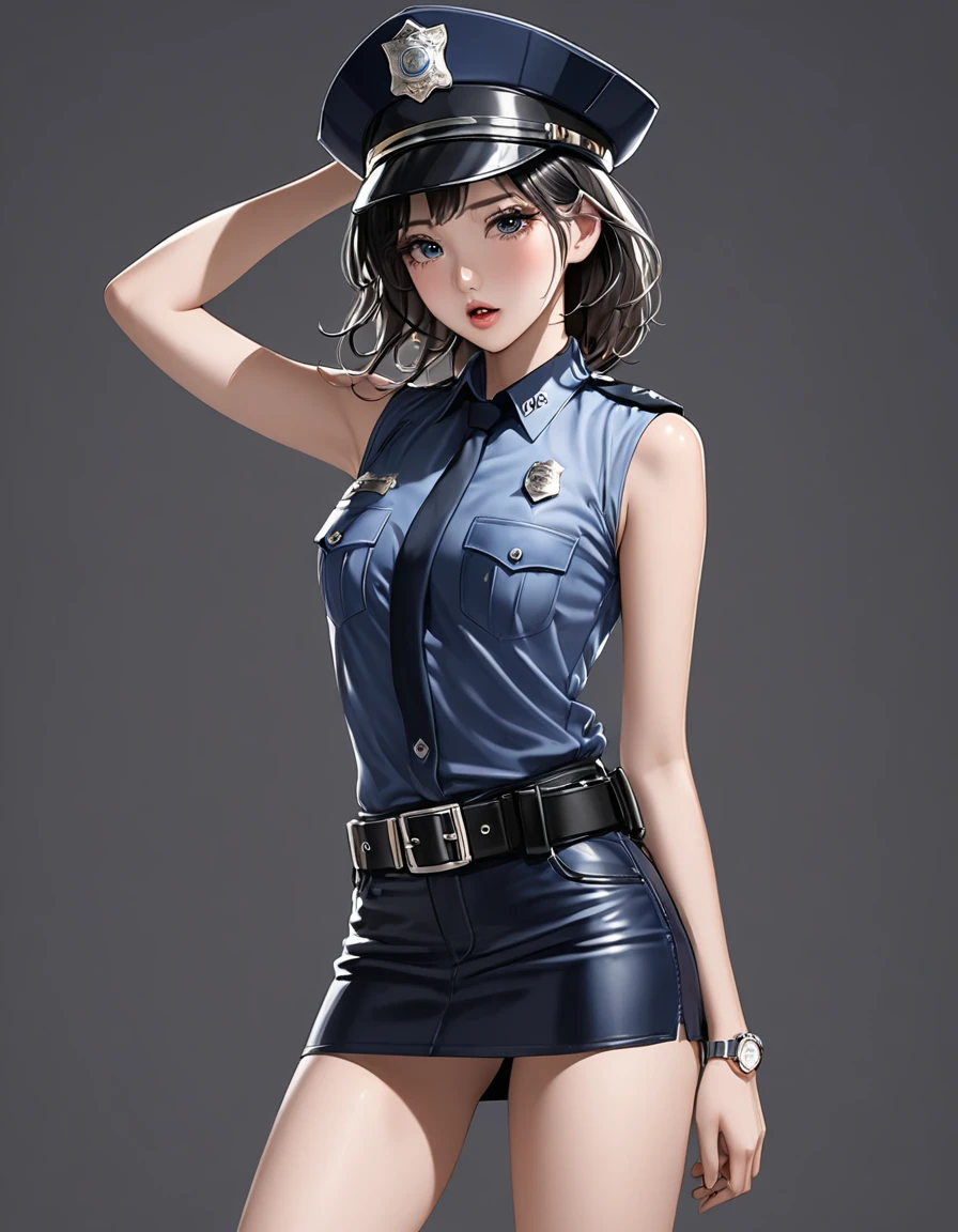 NSFW, high resolution image, best quality, Naked Korean beauty with hand over mouth１people,((Weeping face:1.0)), shiny skin, delicate body,Small breasts, Shiny Black Hair,Ultra detailed round eyes ,((White background)),((sleeveless police shirt:1.2)),(( Ultra Miniskirt That Highlights Long Legs:1.2)),((Wear a police officer belt with a low waist:1.5)),((square silver buckle:1.5))(silver watch on the wrist:1.5),(police hat :1.2),( standing :1.3),(Depicting the body from the knees up),( cowboy shot:1.3),24K,(Holding whiskey:1.5),(Freckles:0.5),((Drunk:0.9)),(( short boots :0.5))