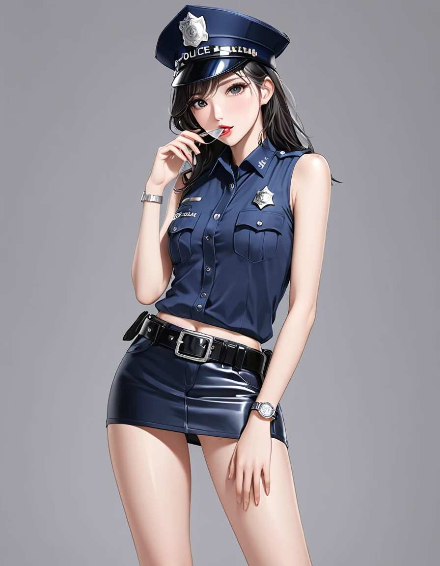 NSFW, high resolution image, best quality, Naked Korean beauty with hand over mouth１people,( beautiful face:1.2), shiny skin, delicate body,Small breasts, Shiny Black Hair,Ultra detailed round eyes ,((White background)),((sleeveless police shirt:1.2)),(( Ultra Miniskirt That Highlights Long Legs:1.2)),((Wear a police officer belt with a low waist:1.5)),((square silver buckle:1.5))(silver watch on the wrist:1.5),(police hat :1.2),( standing :1.3),(Depicting the body from the knees up),( cowboy shot:1.3),24K,(Hold a wine glass in one hand:1.5),(Freckles:0.5),((Drunk:0.9)),(( short boots :0.5)),((cry:1.1))