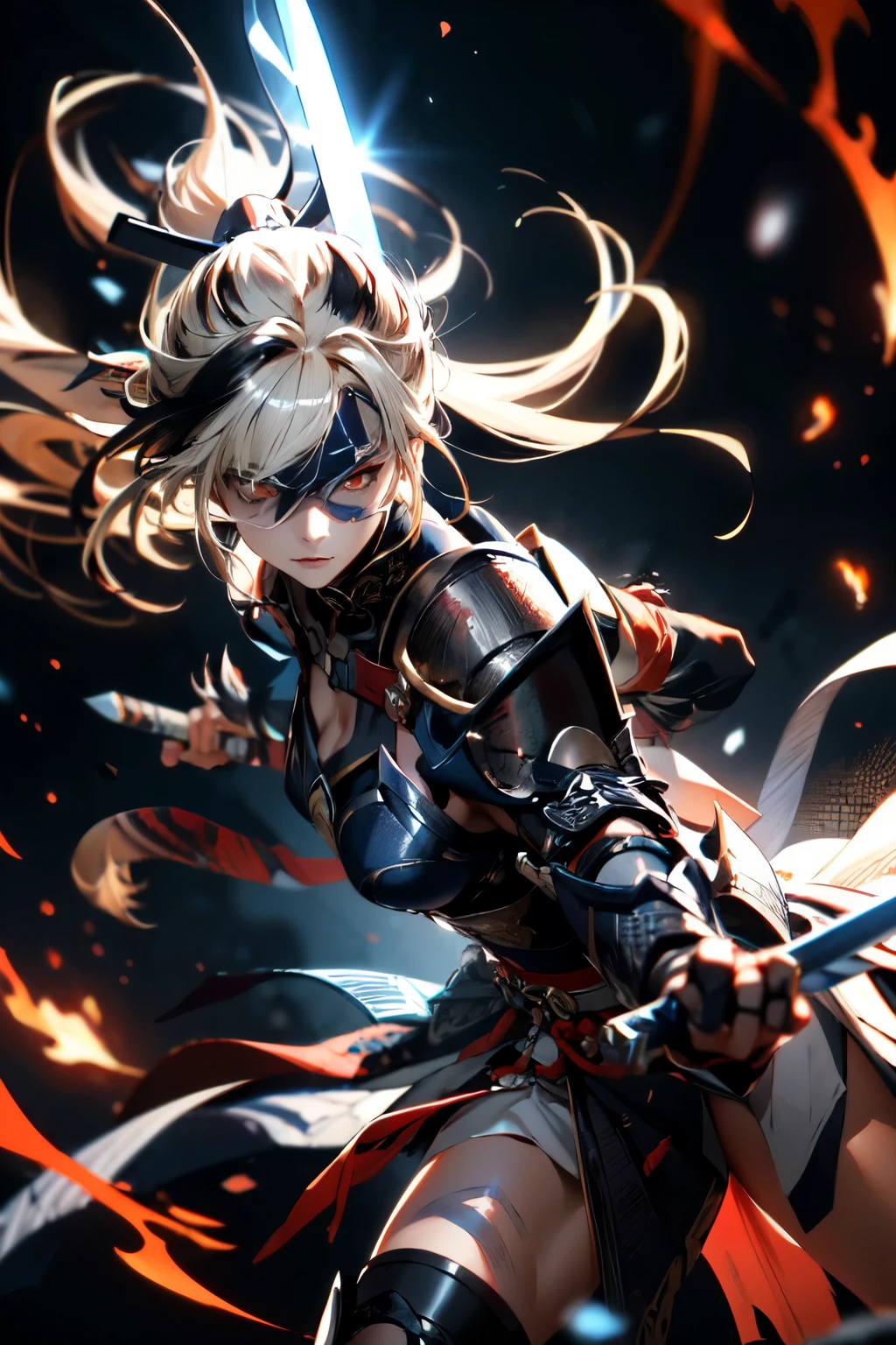 a woman warrior in an anime art style, highly anatomically accurate, detailed character expressions, ponytail hairstyle, masterpiece, wrinkled skin, action painting style, heavy makeup, tan skin, perfect face, perfect eyes, samurai, samurai armor, feudal japan warrior, waist armor, sword strike, small bust, slender thighs, combat with enemies, calm expression, fire elemental, blonde hair, feudal japan warlord, battle of sekigahara, glowing sword effects, translucent sword, ultra wide angle,Cinematography, 