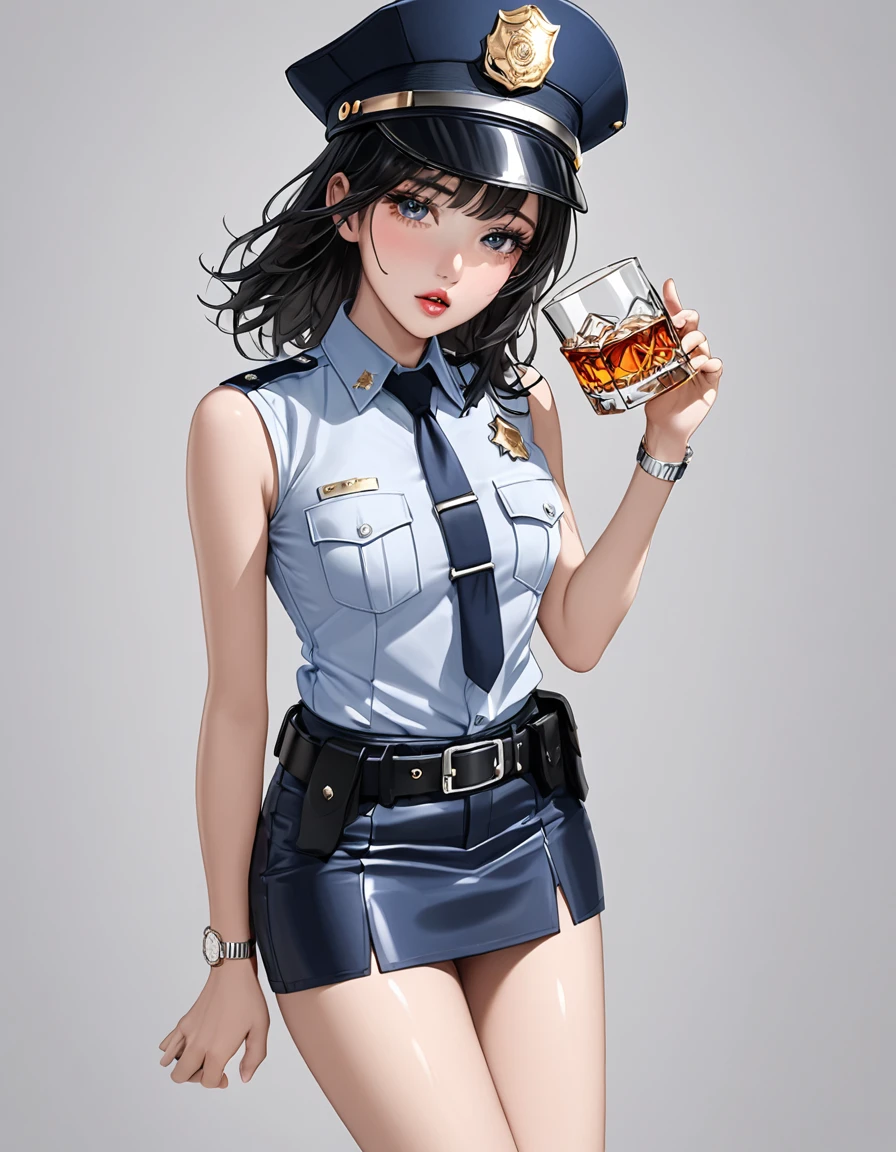 NSFW, high resolution image, best quality, Naked Korean beauty with hand over mouth１people,((Weeping face:1.0)), shiny skin, delicate body,Small breasts, Shiny Black Hair,Ultra detailed round eyes ,((White background)),((sleeveless police shirt:1.2)),(( Ultra Miniskirt That Highlights Long Legs:1.2)),((Wear a police officer belt with a low waist:1.5)),((square silver buckle:1.5))(silver watch on the wrist:1.5),(police hat :1.2),( standing :1.3),(Depicting the body from the knees up),( cowboy shot:1.3),24K,(Holding whiskey:1.5),(Freckles:0.5),((Drunk:0.9)),(( short boots :0.5))