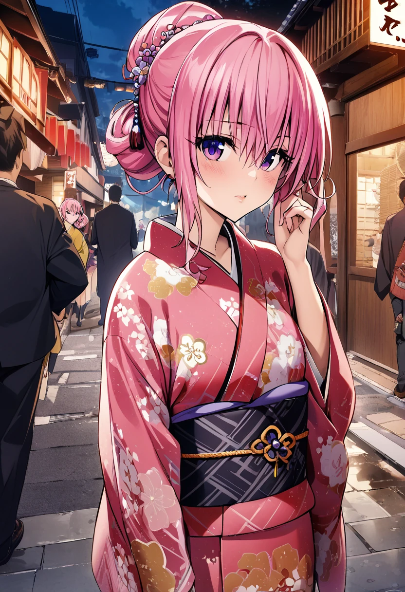 One girl, momo beria deviluke,pink  hair up in kimono style with hair accessary,purple eyes,elegant kimono,in kyoto street,masterpiece, best quality, absurdres,