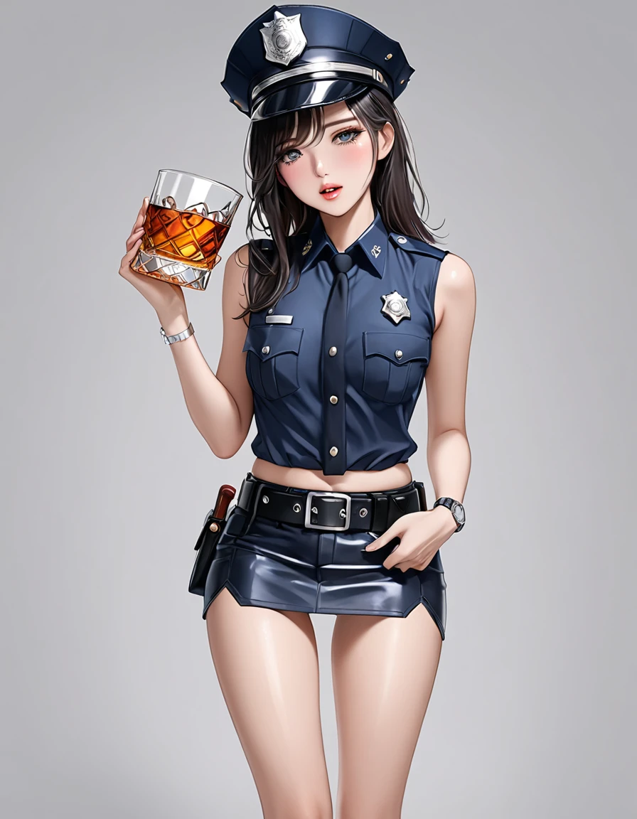 NSFW, high resolution image, best quality, Naked Korean beauty with hand over mouth１people,((Crying face:1.0)), shiny skin, delicate body,Small breasts, Shiny Black Hair,Ultra detailed round eyes ,((White background)),((sleeveless police shirt:1.2)),(( Ultra Miniskirt That Highlights Long Legs:1.2)),((Wear a police officer belt with a low waist:1.5)),((square silver buckle:1.5))(silver watch on the wrist:1.5),(police hat :1.2),( standing :1.3),(Depicting the body from the knees up),( cowboy shot:1.3),24K,(Holding whiskey:1.5),(Freckles:0.5),((Drunk:0.9)),(( short boots :0.5))