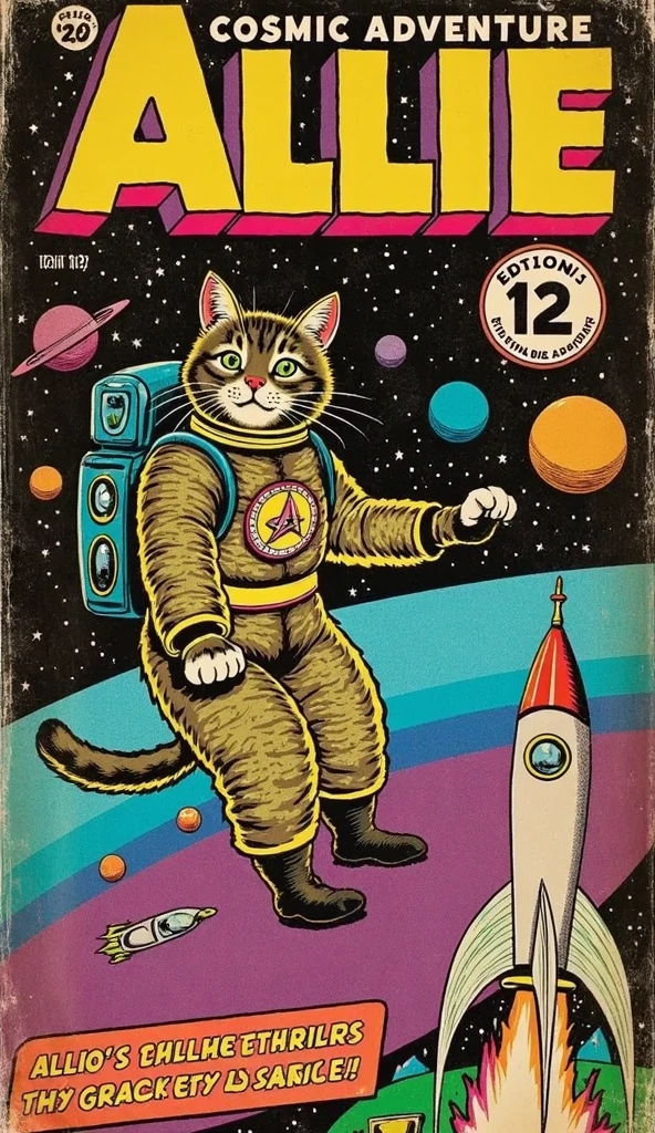 A vintage comic book cover featuring Allie, a fluffy, medium-sized cat with a mottled coat of dark brown and black tabby stripes, elegantly doing a space walk in a classic astronaut suit and helmet. The background showcases a colorful starry sky, with vibrant planets and twinkling stars adding depth to the scene. A retro rocket ship is seen in the distance, billowing colorful smoke as it prepares for launch. The title 'Allie's Cosmic Adventure' is boldly displayed at the top in large, eye-catching lettering, with a price tag of '12¢' in the corner and the edition number prominently featured. An action-packed mini-panel at the bottom teases Allie's thrilling encounters in space, complete with her playful expression. The cover captures the whimsical charm and colorful aesthetic of 1940s comic book art, with dynamic lines and a sense of excitement